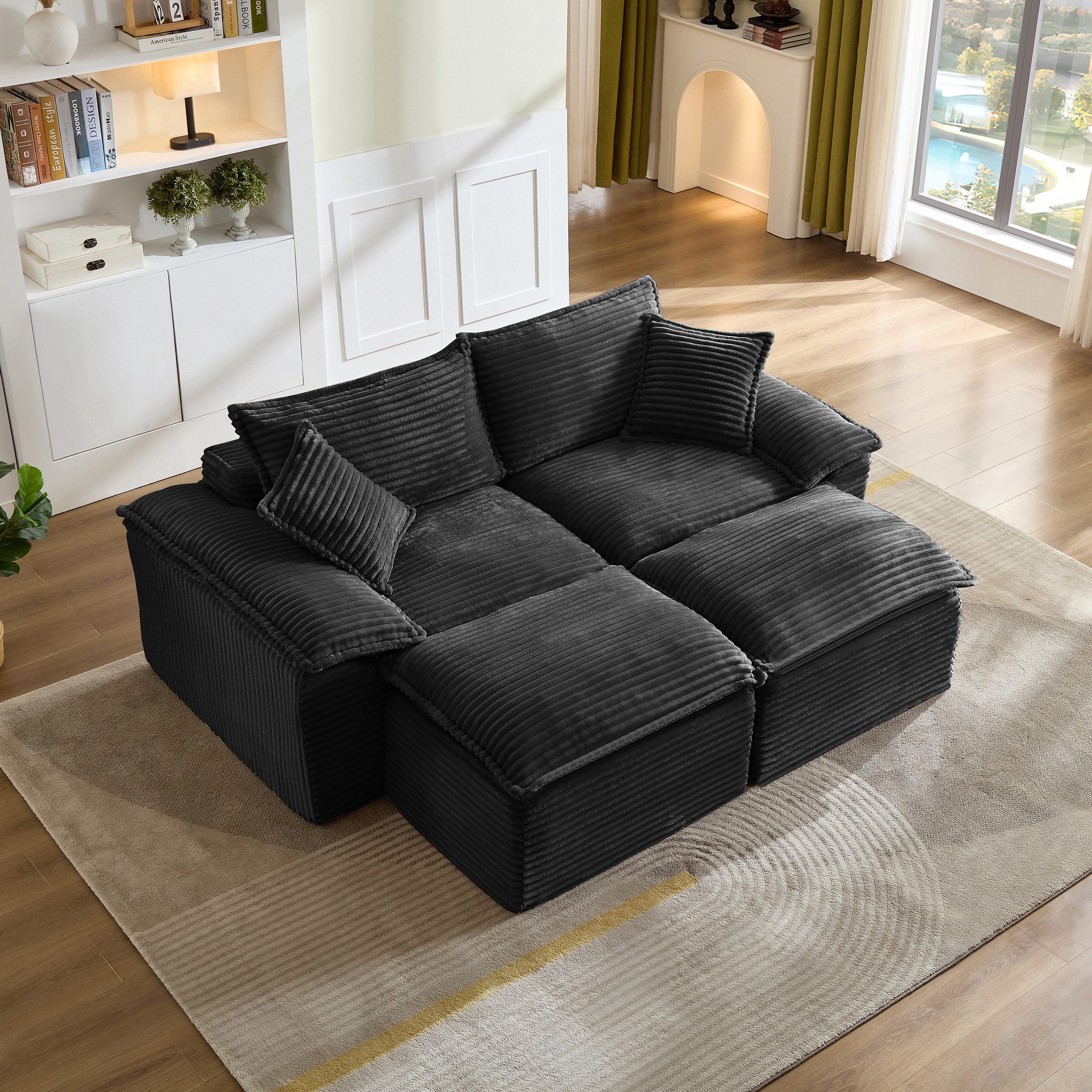 Sinaopus Schlafsofa Modulares Schlafsofa, 2-Sitzer Wohnzimmer Sofa mit Kissen, Bodensofa Cord Couch mit Hocker, Armlehne und Memory-Schaum