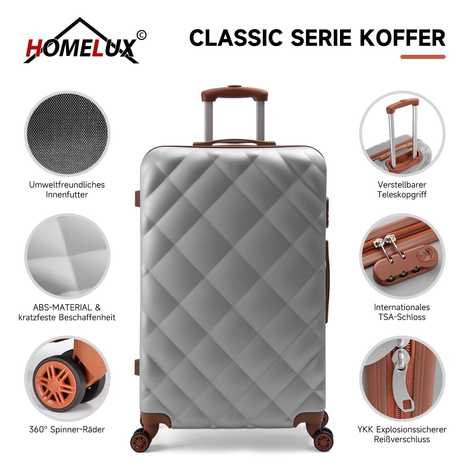 HOMELUX Trolleyset Kofferset 3 Teilig Silber Trolley (set, M-L-XL - Set tlg., Rollkoffer 3 Hartschale 4 ABS, Reisekoffer Hartschalenkoffer 3), Rollen