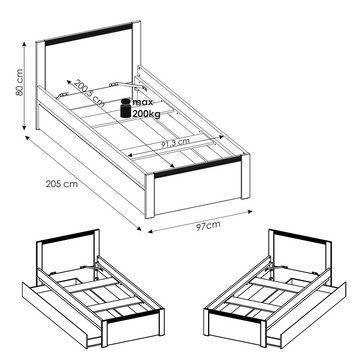 Lomadox Bettgestell NAVA-129, Bett, Bettschublade, Gästebett, 90x200 cm, weiß