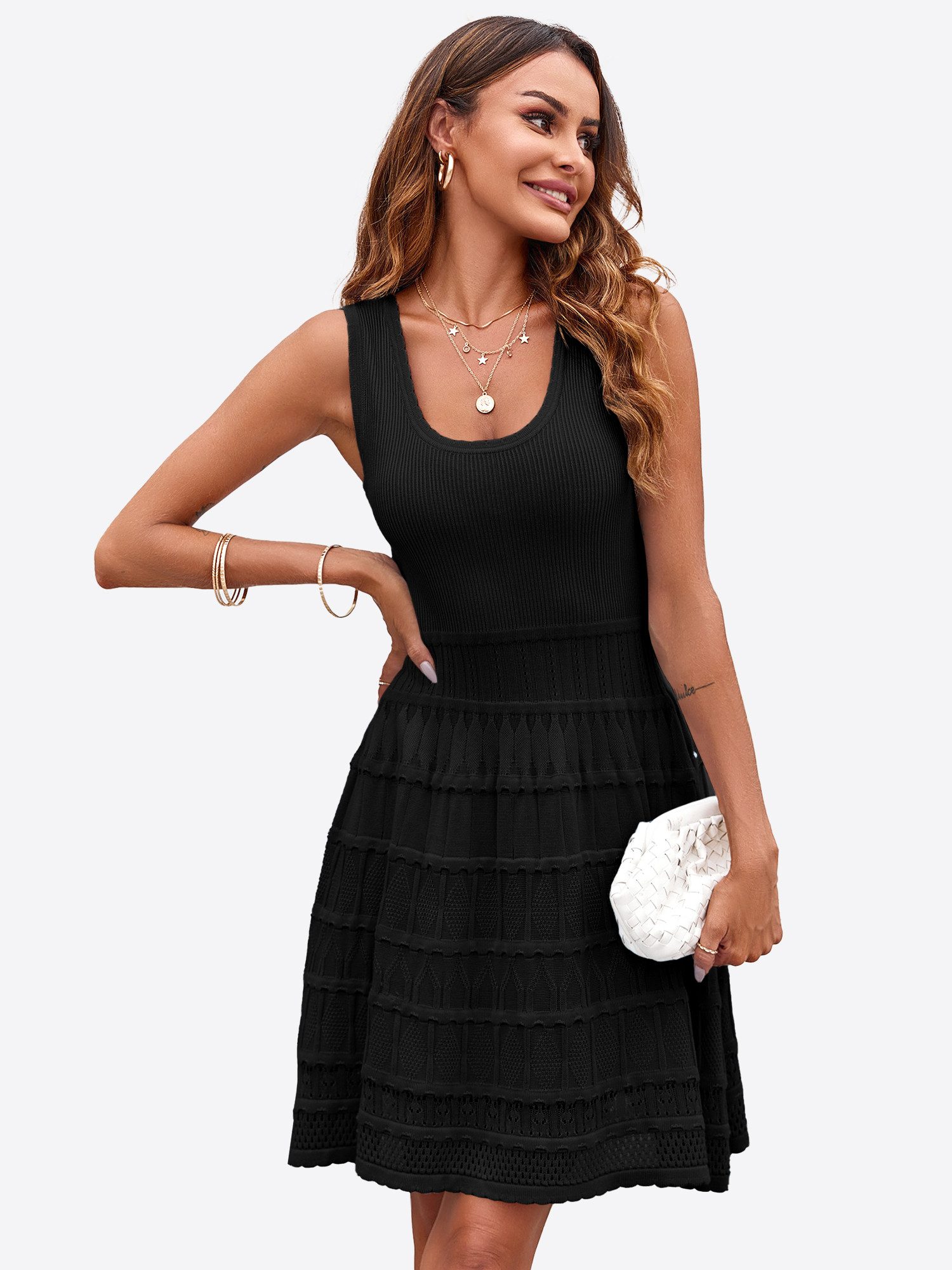 Imily Bela Strickkleid Damen Sommer Minikleid Casual Tank U-Ausschnitt Ärmellos Rüschen (Packung, 1-tlg., 1per-Pack) gehäkelt in Unifarbe