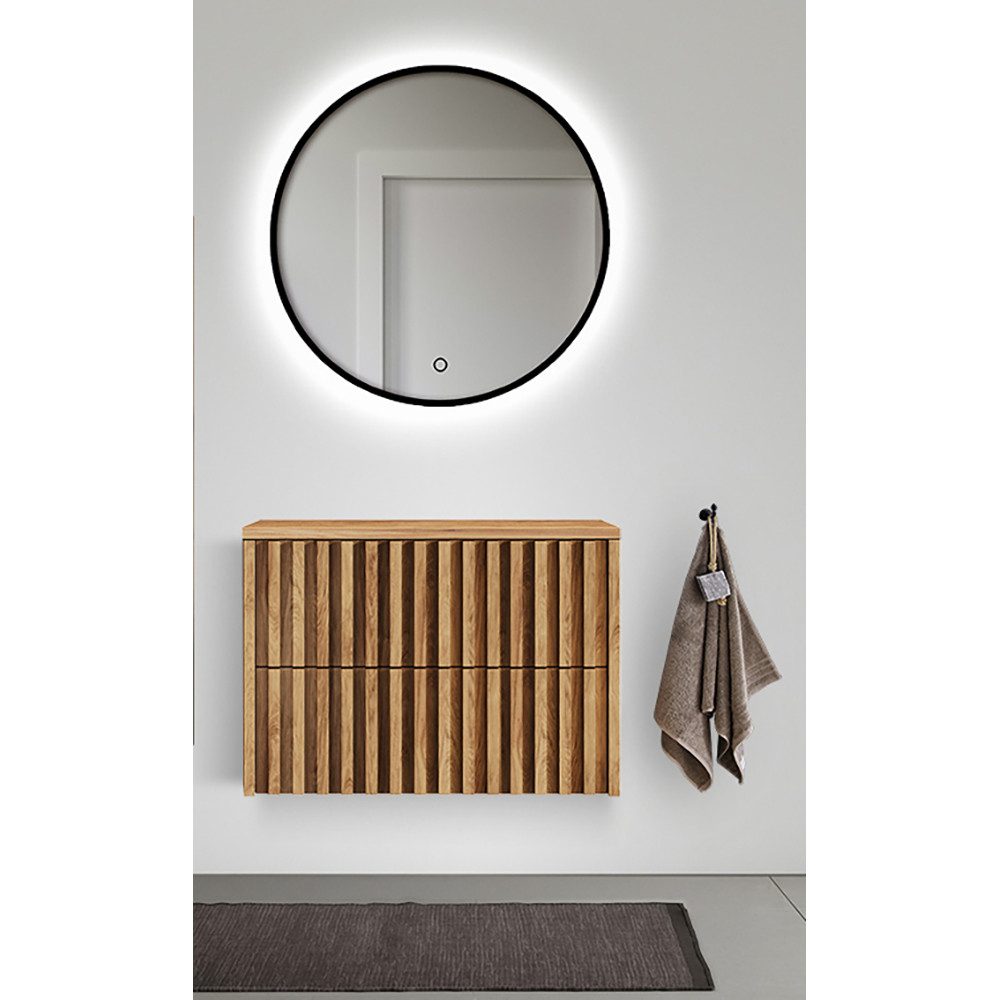 Lomadox Badmöbel-Set DESIO-107, (Spar-Set, 2-St., Waschbeckenunterschrank LED-Spiegel), in Eiche Nb. mit Lamellenfront, griffloses Design, Softclose