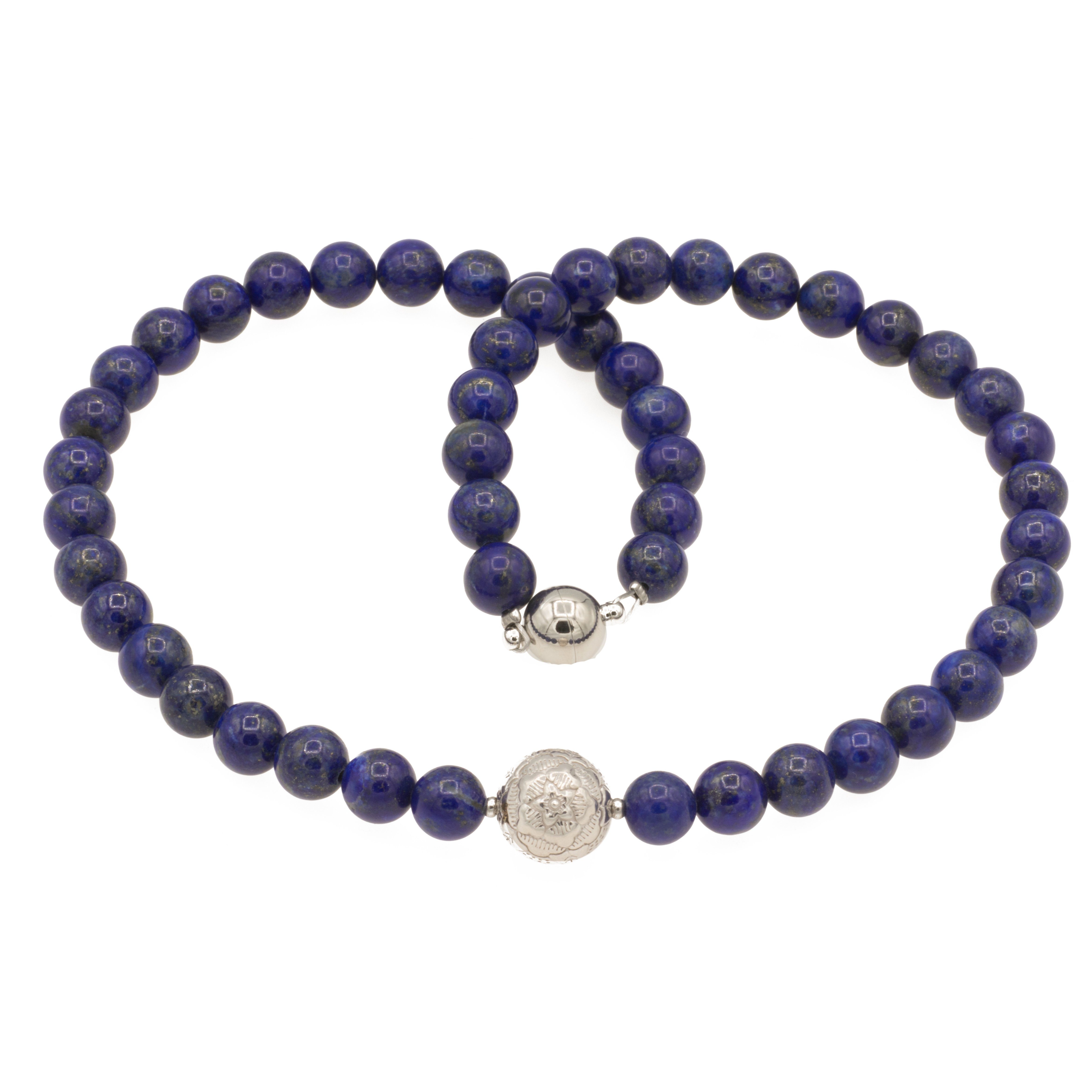 Bella Carina Perlenkette Kette mit Lapislazuli Perlen 8 mm und Silberperle Blume, mit hochwertigem Lapislazuli und einer Silberperle
