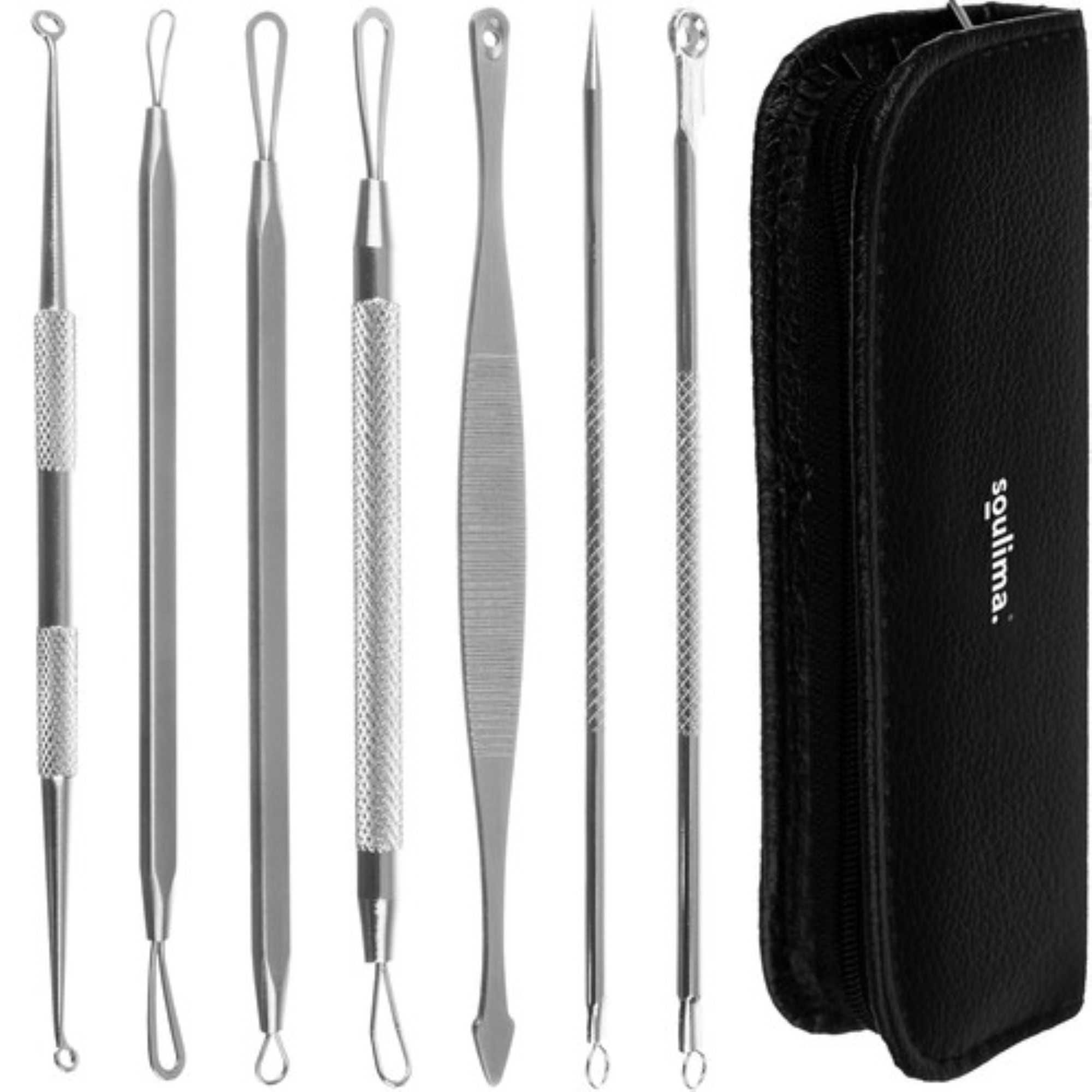 soulima Mitesserentferner Mitesser-Extraktor-Set: 7-tlg. Profi-Tools für effektive Hautpflege, Mitesserentferner-Set, 7-tlg., Set mit 7 doppelseitigen Löffeln und praktischem schwarzen Etui., Sichere Entfernung von Hautunreinheiten ohne Hautverletzungen.