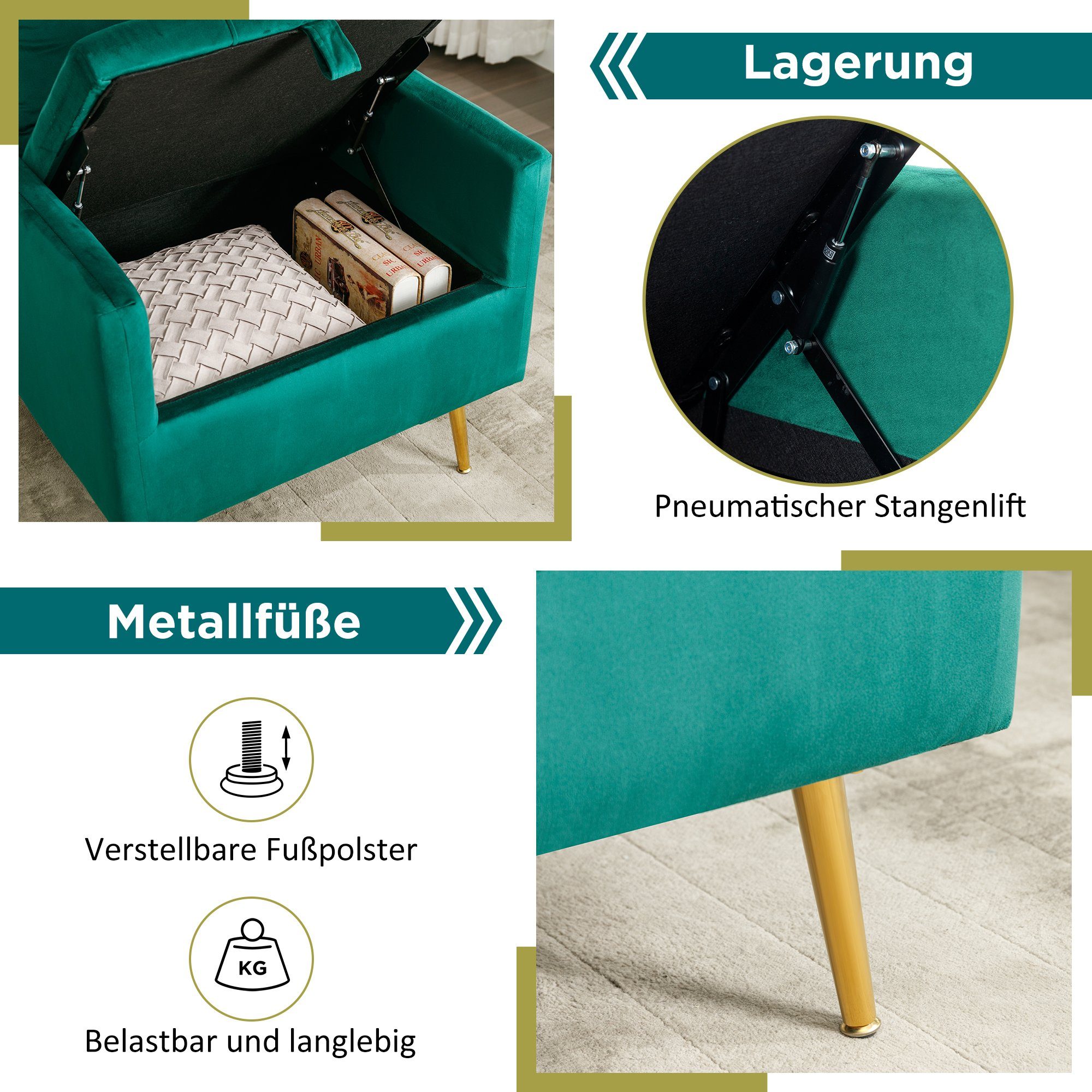 REDOM Sessel Loungesessel, Einzelsessel, Polstersessel, grün Metallbeinen Sessel (Moderner mit Kissen, mit mit roségoldenen Samtstuhl), Stauraum