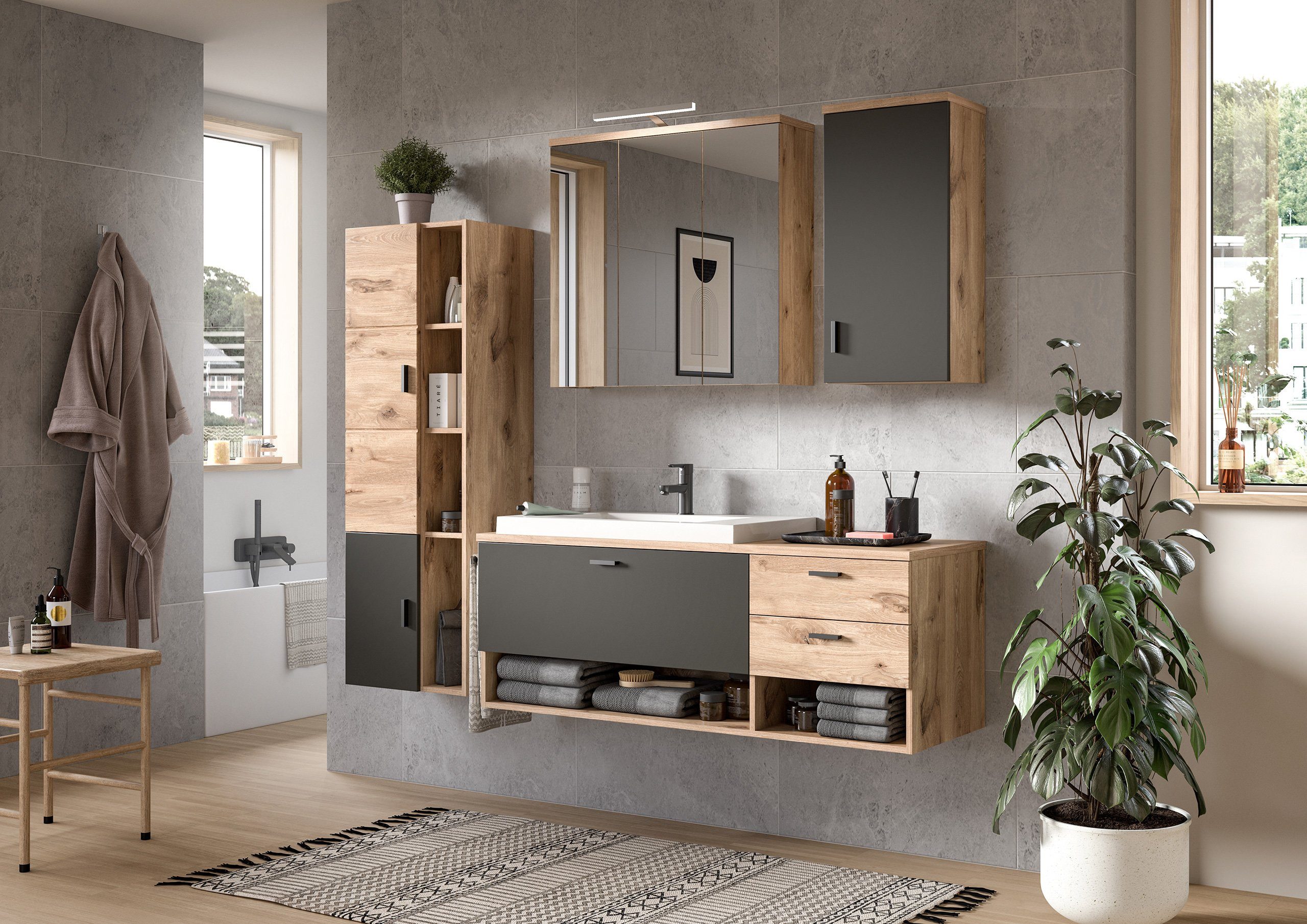 Newroom Badezimmer-Set Eiche 192 cm, Badezimmer-Set Eiche Badezimmermöbel Badezimmer Set Modern Zeitlos...