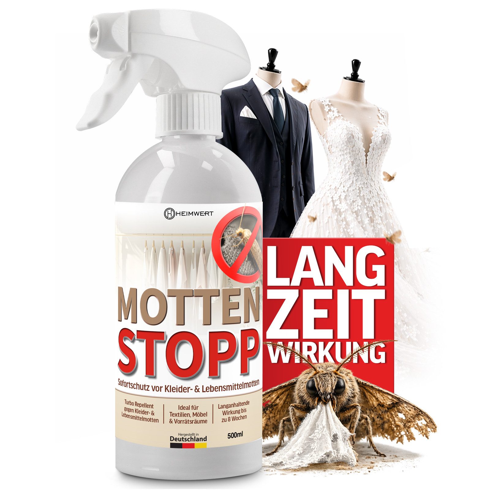 HEIMWERT Insektenspray Mottenschutz Motten Stopp 500 ml, 500 ml, Kleidermotten bekämpfen Mottenspray Lebensmittelmotten – Bild 2 von 5