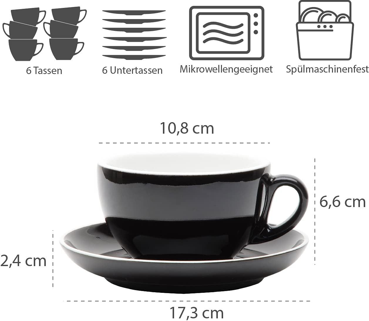 Gastro Spirit Latte-Macchiato-Tasse 12tlg. Milchkaffee Tassen Set 350 ml, schwarz, Italia Black Serie, 12-tlg., Keramik, extra dicke Wandstärke