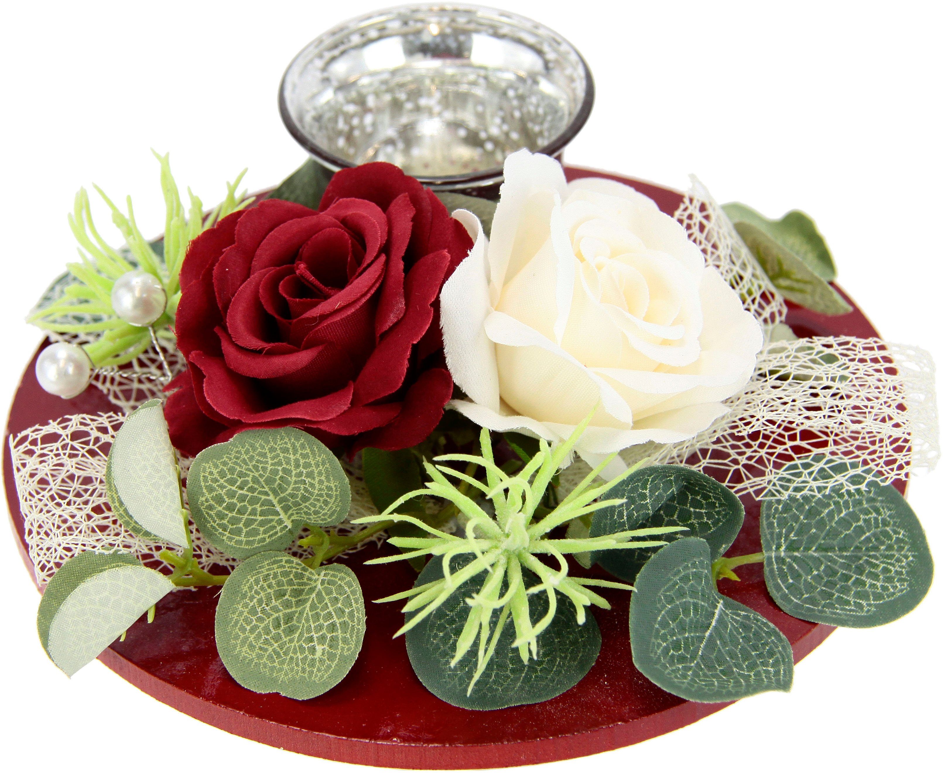 I.GE.A. Teelichthalter Mit Glaseinsatz und Teelichtkerze, künstlichen Rosen Eukalyptus (1 St), Kerzenständer Kerzenhalter Tischdeko Kerzen Muttertag Valentinstag | Teelichthalter