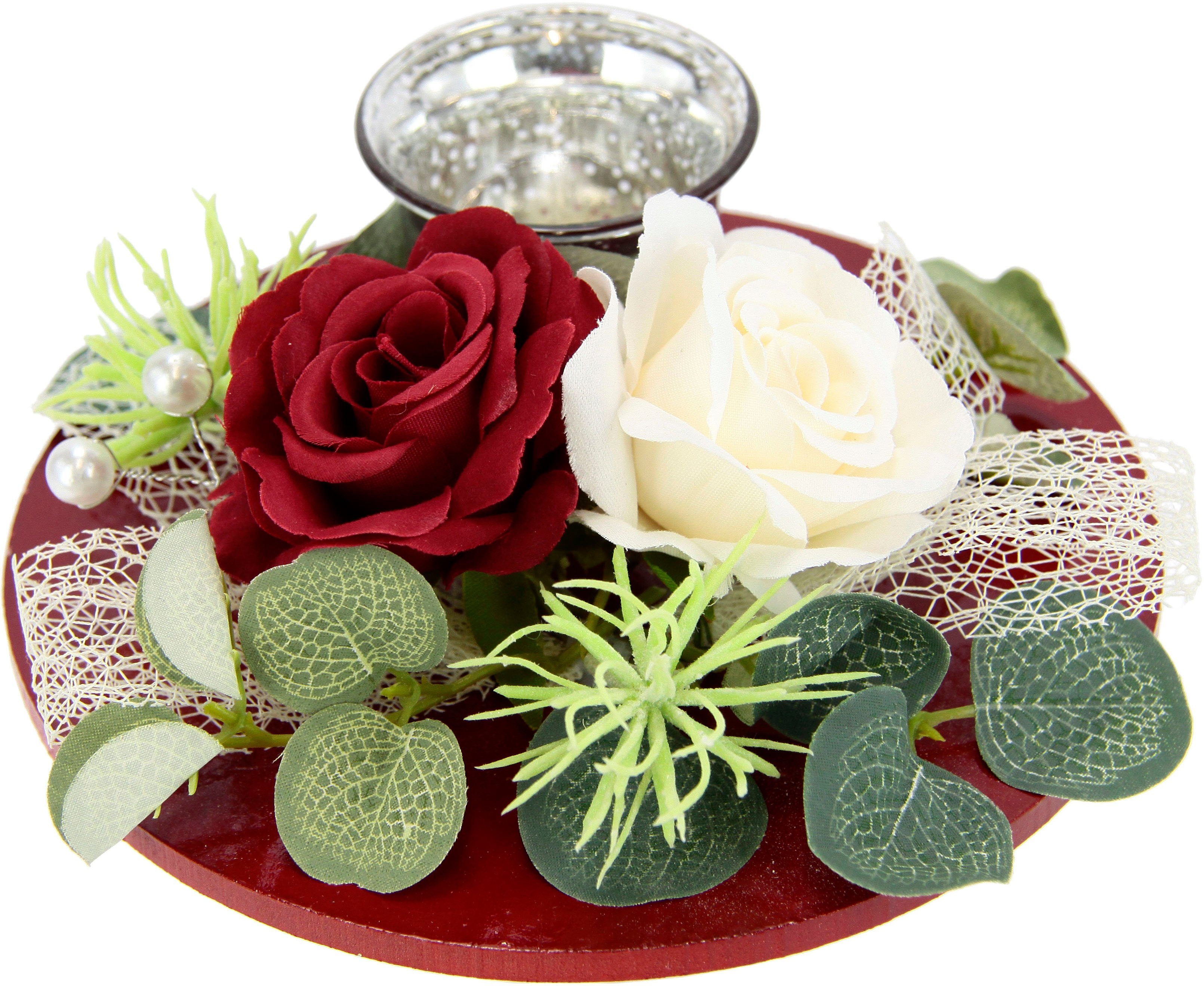 Teelichthalter Mit Glaseinsatz und Teelichtkerze, künstlichen Rosen Eukalyptus