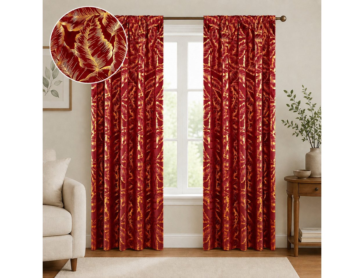 Lapamax Gardine Goldenem Blättermuster Blickdichte Vorhänge, Thermovorhang Hitzeschutz (2 St), Multifunktionsband, Polyester, 2er Set Verdunklungsvorhänge mit Bindebändern und Innenfutter