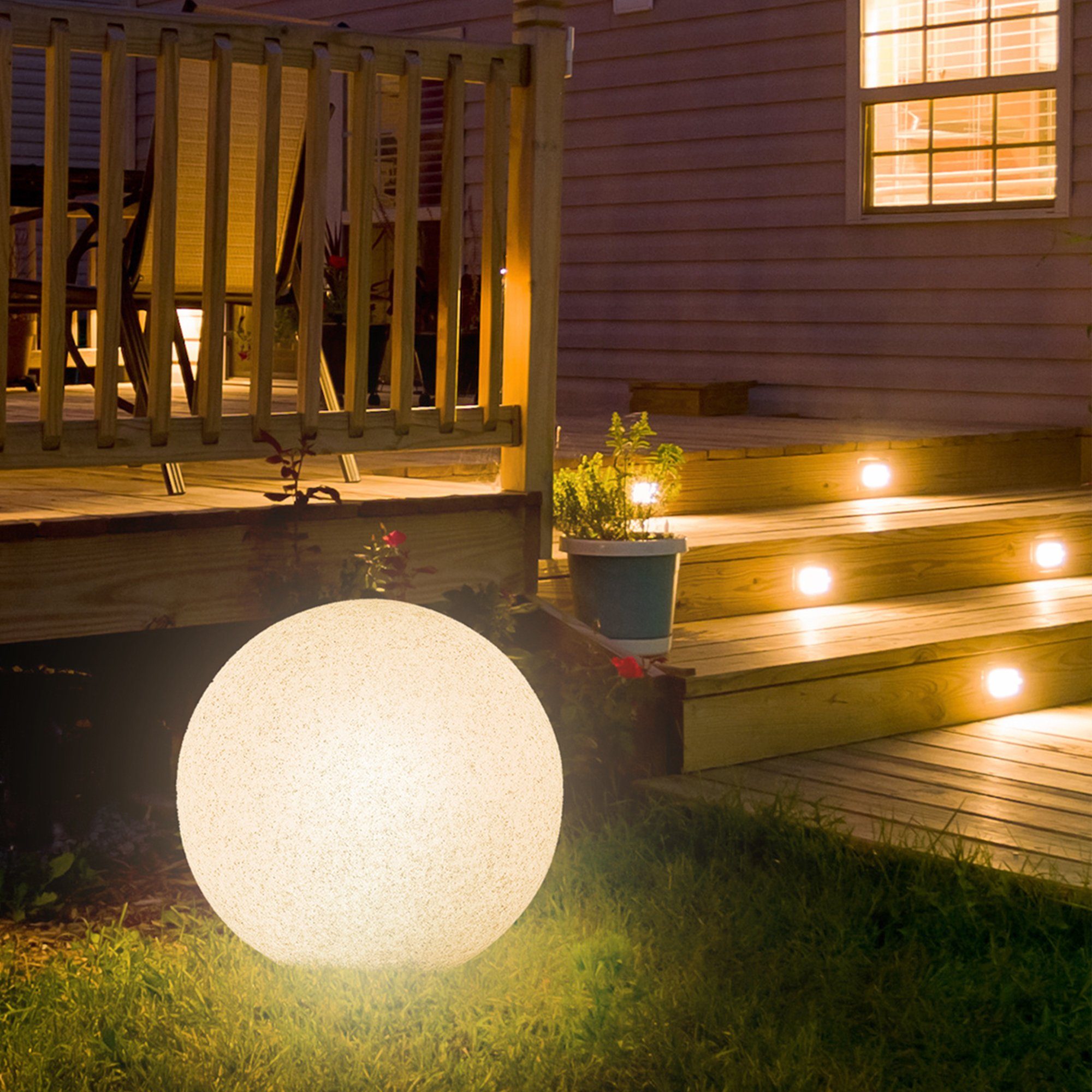 SSC-LUXon LED Garten Warmweiß Ø Tageslichtsensor LED 30cm Leuchtkugel mit OSRAM STONO Gartenstrahler 9W, E27
