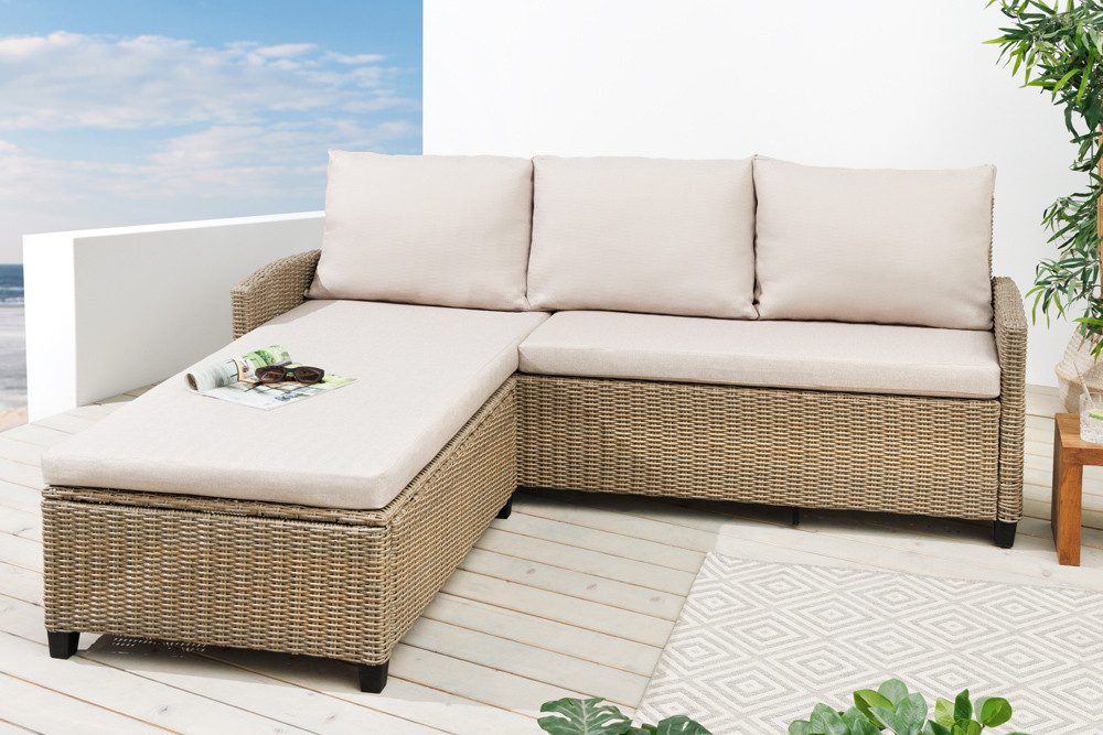 riess-ambiente Loungesofa MONACO 190cm natur · wetterfestes Outdoor-Sofa inkl. Kissen, Einzelartikel 1 Teile, Sitzecke für Balkon/Terrasse/Garten · Ottomane links & rechts