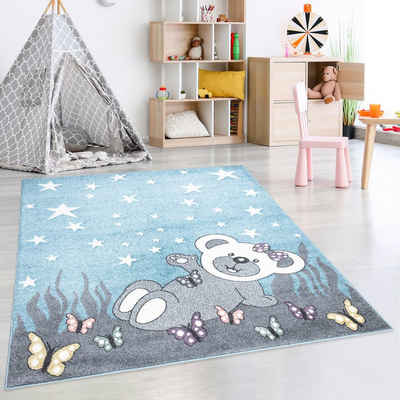 Kinderteppich Kinderzimmer Teppich - Blau - 140x200cm - Kurzflor Babyzimmer Weicher Flor Spielteppich, payé, Rechteckig, Höhe: 11 mm, Bär mit Schmetterlinge
