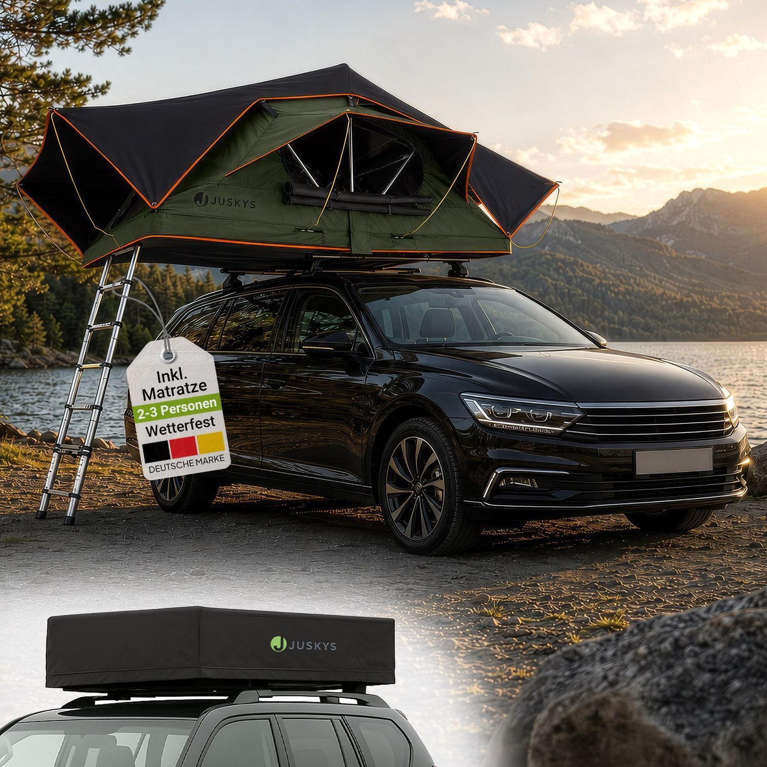 Juskys Dachzelt Lago, Wasserdicht, Teleskopleiter, 2 Personen Zelt, LED Beleuchtung