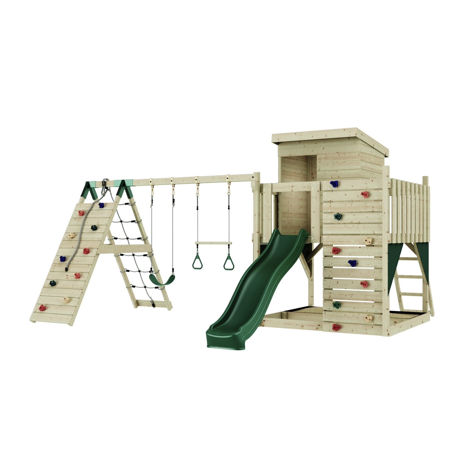 OutdoorToys Spielturm Frida aus Holz in Dunkelgrün mit Trapezstange & Rutsche, Kletterwand, aus Holz in Dunkelgrün mit Trapezstange & Rutsche, Kletterwand