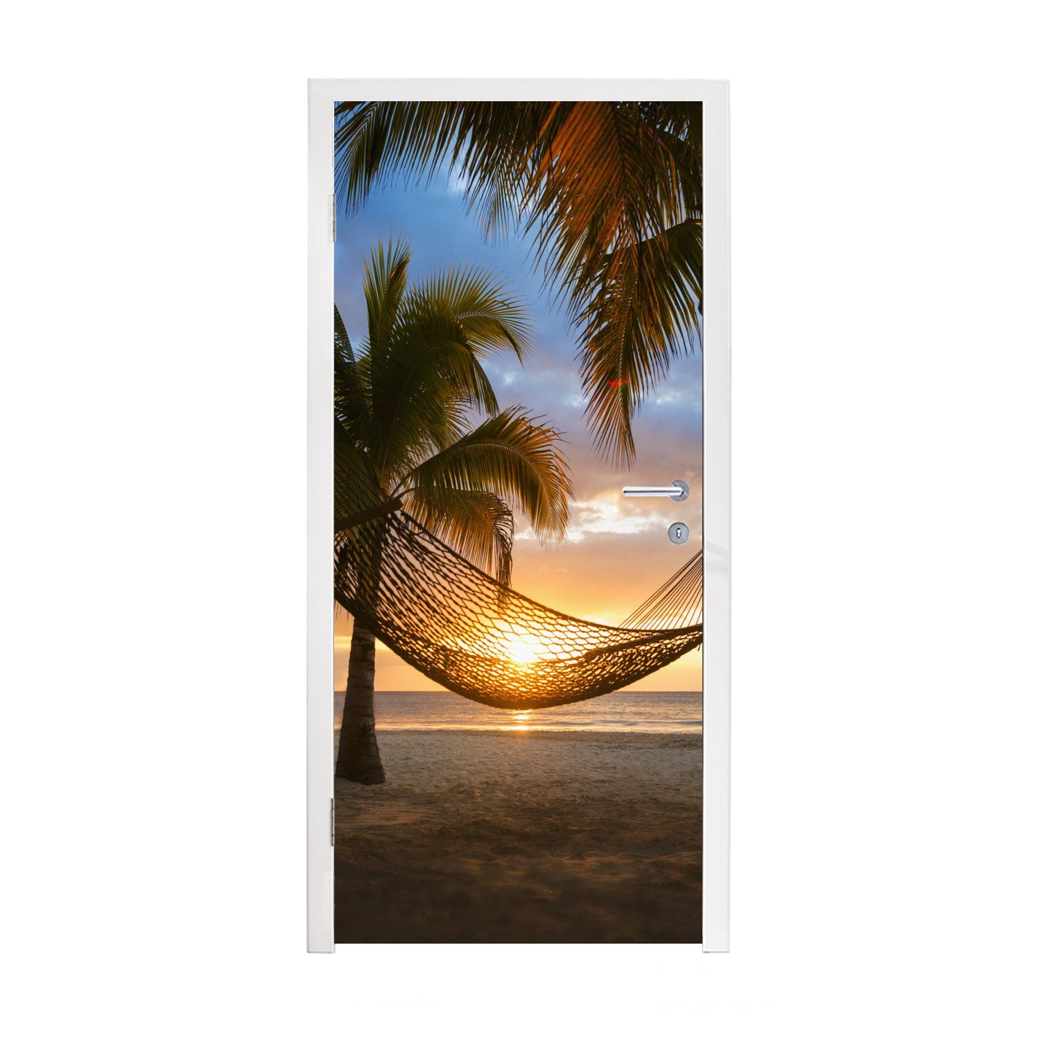 MuchoWow Türtapete Hängematte am Strand bei Sonnenuntergang in Jamaika, Matt, bedruckt, (1 St), Fototapete für Tür, Türaufkleber, 75x205 cm