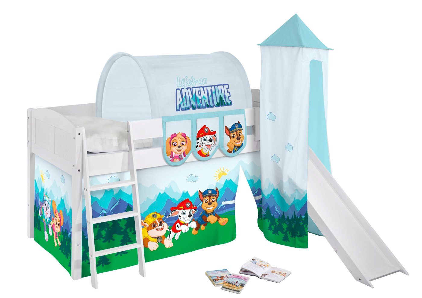 Lilokids Kinderbett Hochbett IDA Landhaus mit Rutsche, Vorhang & Turm PAW PATROL 200x90cm
