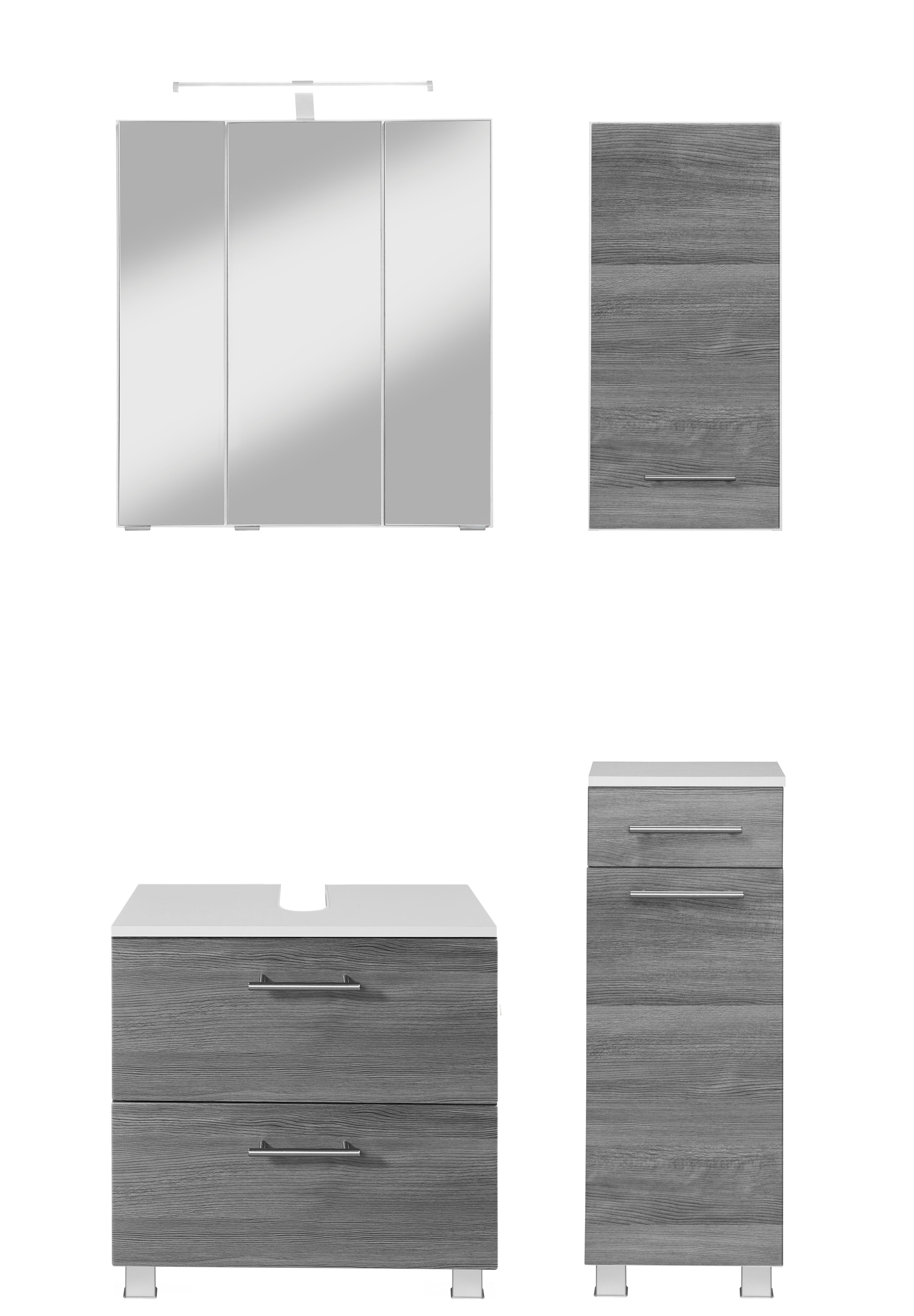 welltime Badmöbel-Set Trento, Badezimmer-Set, Waschbeckenunterschrank, Hängeschrank, (4-St), Unterschrank, Waschbeckenunterschrank, Spiegelschrank, Aufbauleuchte