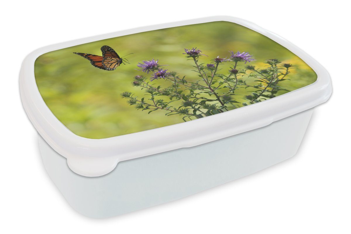 MuchoWow Lunchbox Blumen - Schmetterling - Strauch, Kunststoff, (2-tlg), Brotbox für Kinder und Erwachsene, Brotdose, für Jungs und Mädchen weiß