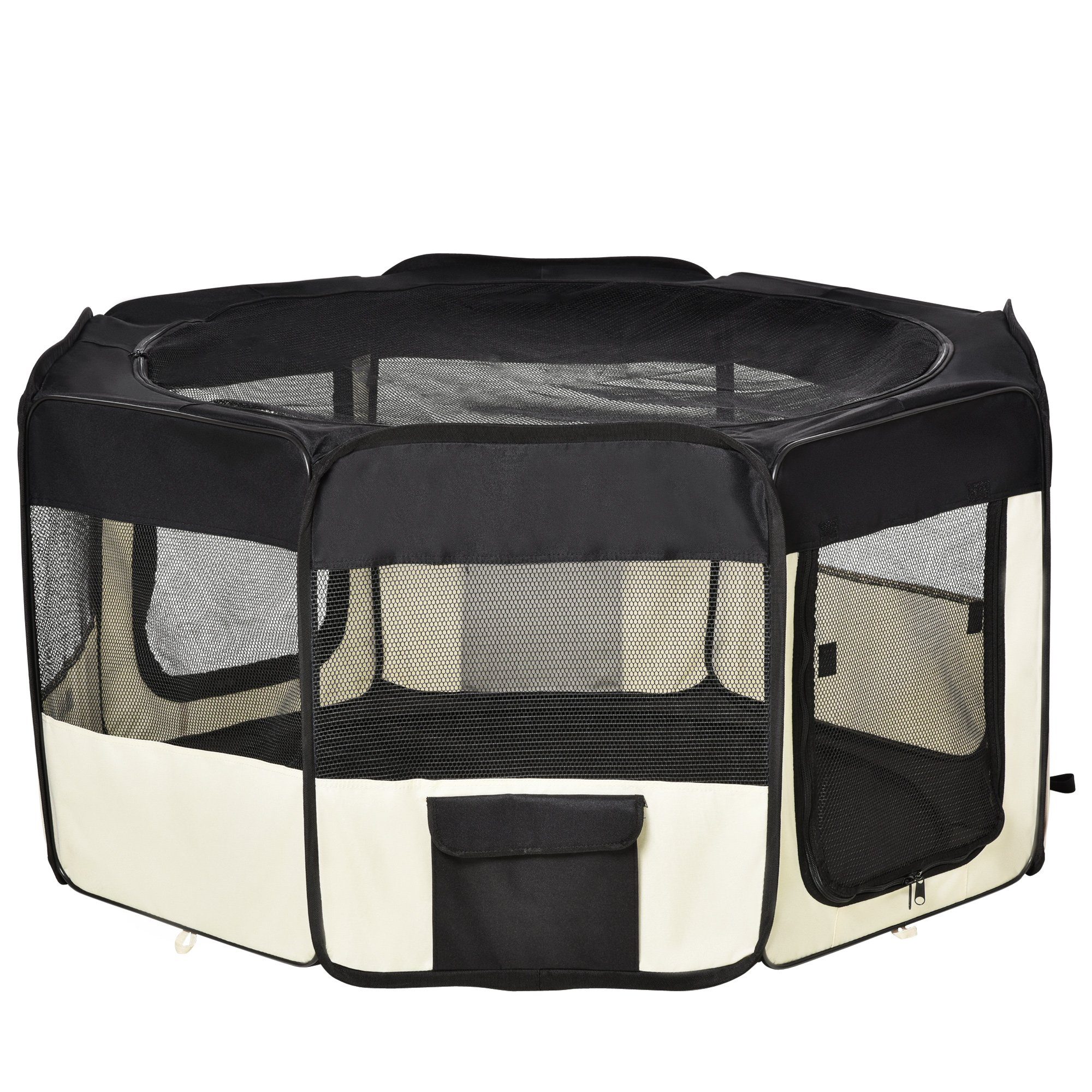 PawHut Freigehege Freilaufgehege Laufstall Welpen-Laufstall, Oxford Schwarz+Creme Weiß Ø120 x 58 cm