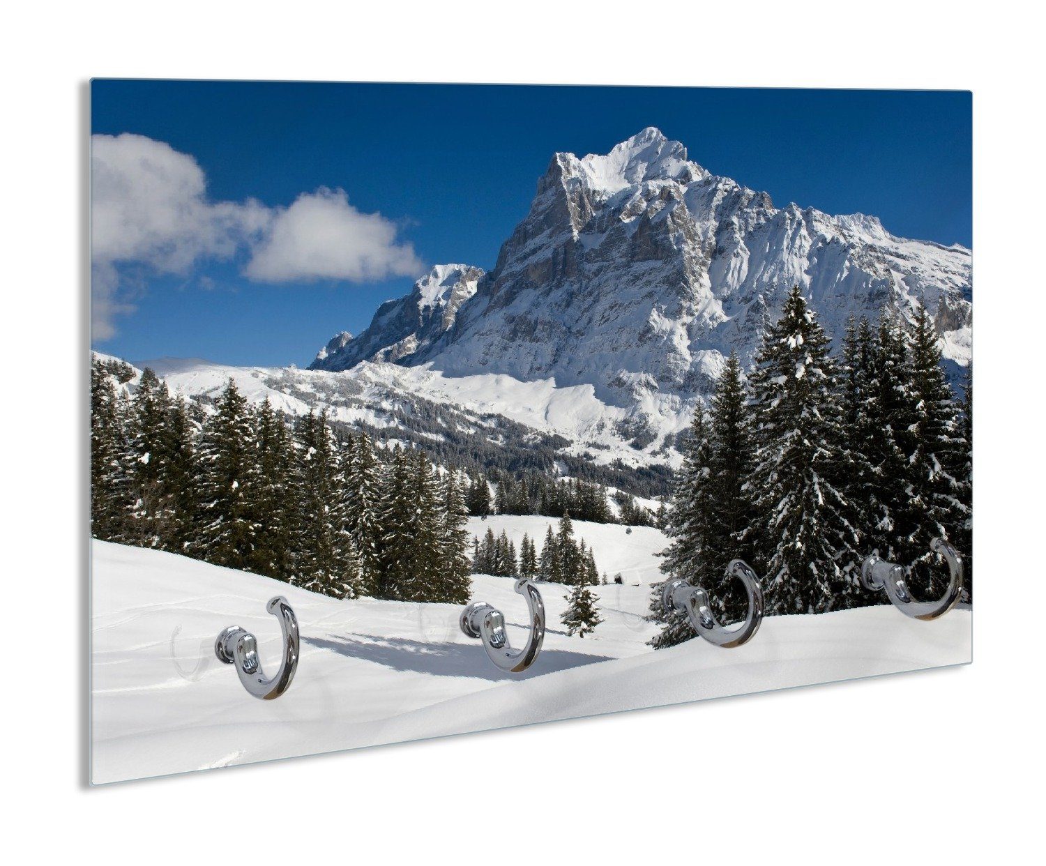 Wallario Handtuchhalter Verschneiter Berghang unter blauem Himmel, aus Glas  mit 4 Metallhaken, magnetische Oberfläche