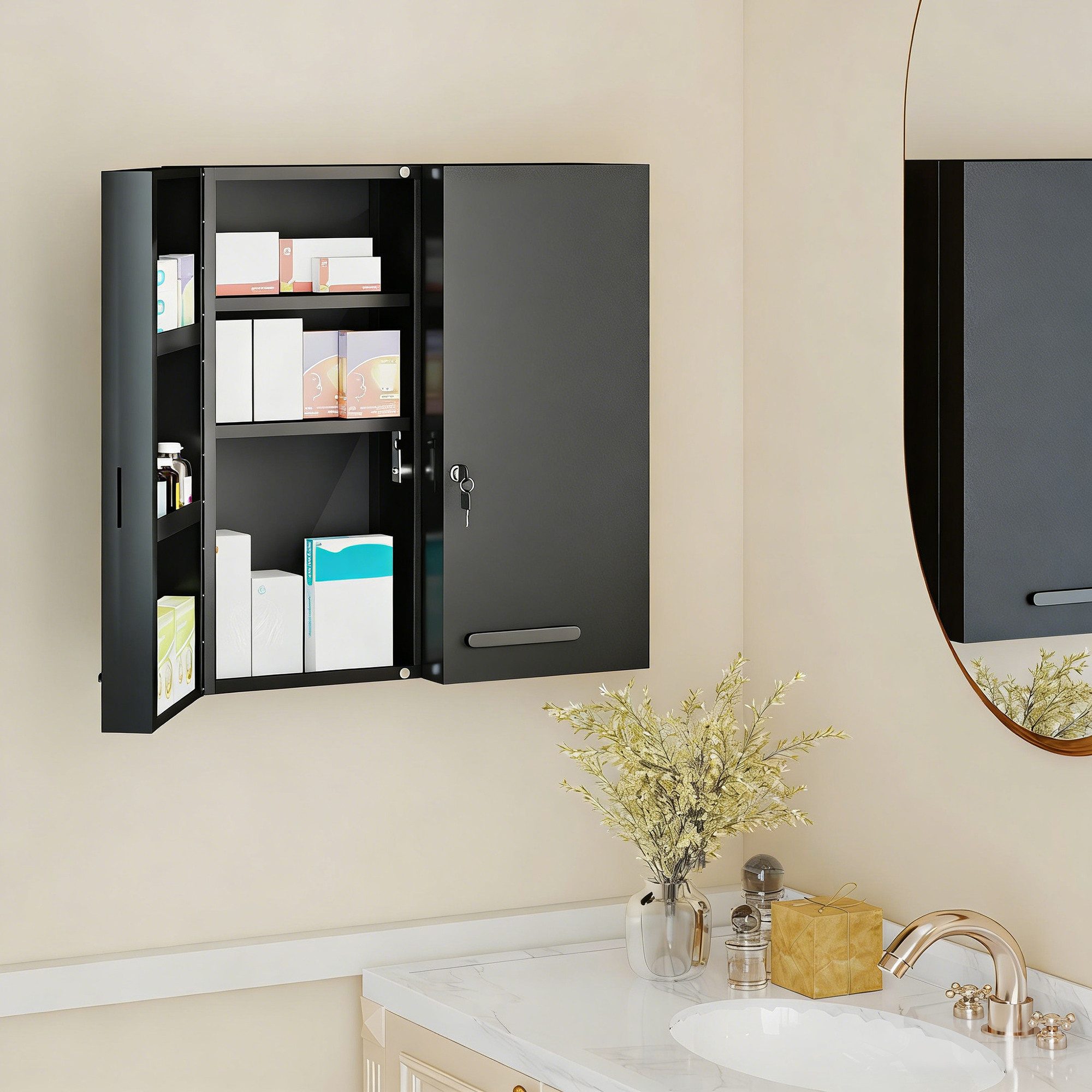 Kleankin Medizinschrank Medikamentenschrank mit 2 Türen für Küche, Erste-Hilfe-Schrank (Erste-Hilfe-Schrank, 1-St., Medikamentenschrank) abschließbar, 6 Regalfächer, pulverbeschichtet, wandmontagefähig