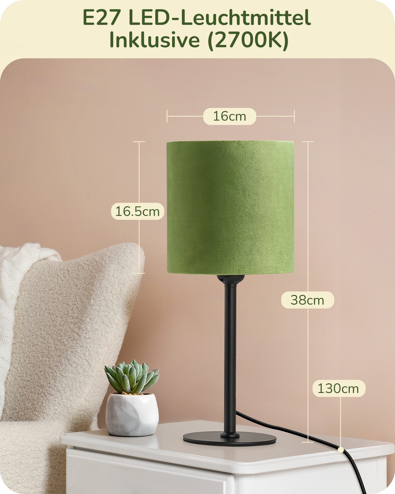 EDISHINE Nachttischlampe mit schwarzem Metallsockel und Samtschirm, LED wechselbar, Warmweiß, Grüne Gold Vintage Tischlampe inkl. 2700K LED Leuchtmittel, 38cm