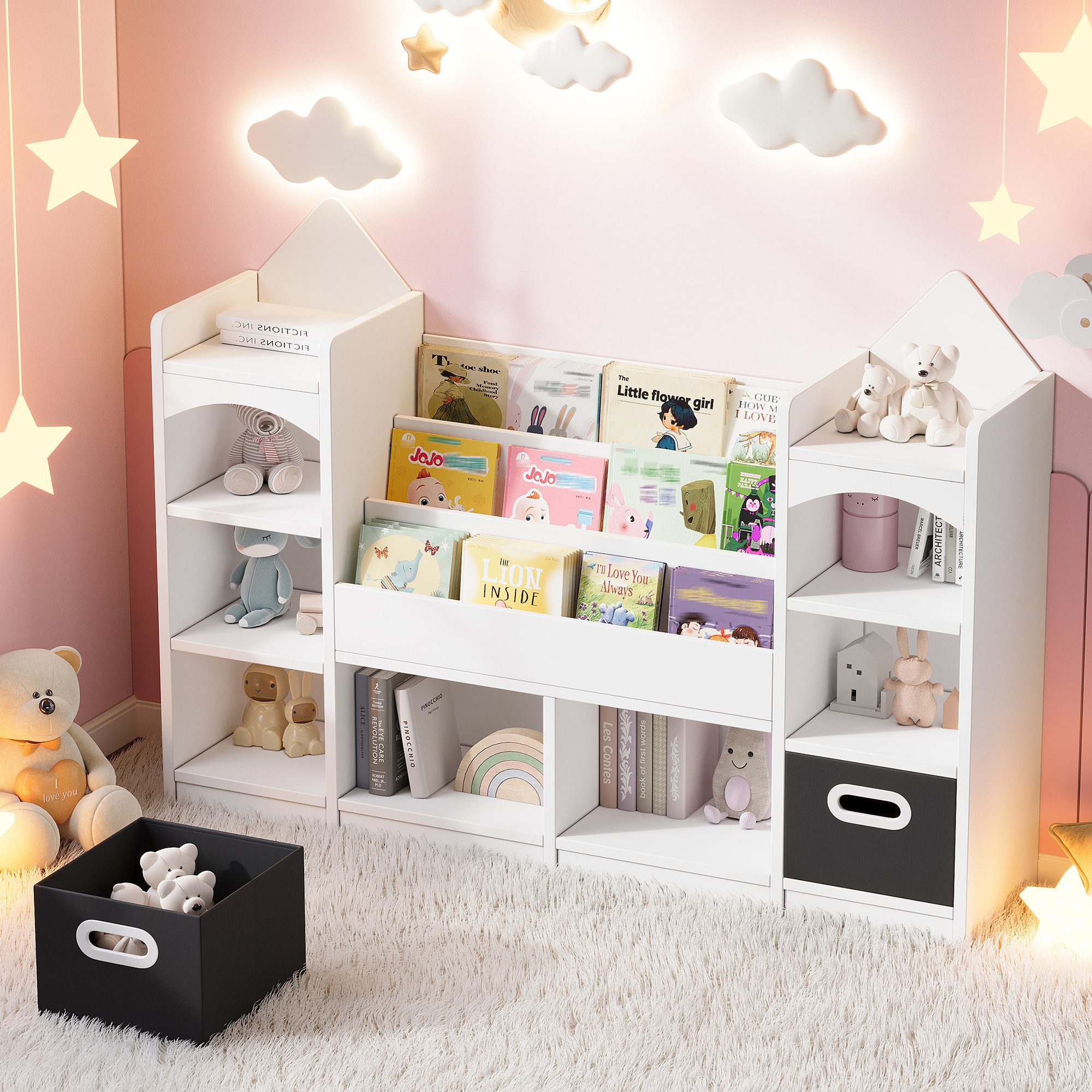 STILVORA Bücherregal mit 2 klappbaren Aufbewahrungsboxen mehrstöckiger Kinderschrank Weiß