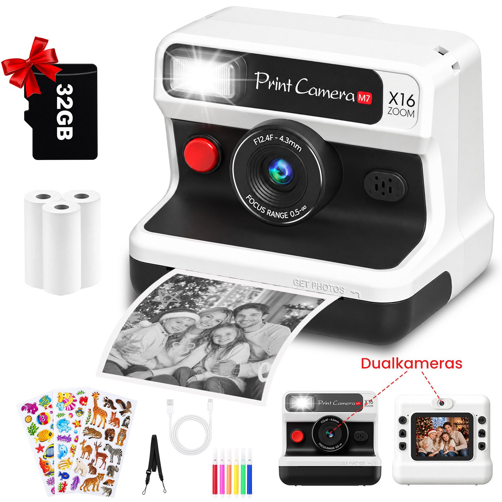 Whraills Kinderkamera Sofortbildkamera,Dualkameras,1080P mit 2,4" Bildschirm Kinderkamera (inkl. 32GB TF Karte,3 Rollen Druckpapier,3 Aufklebern,6 Filzstifte, 30MP Sofortbildkamera Kinderspielzeug Geschenk für Kinder 3-14 Jahren)