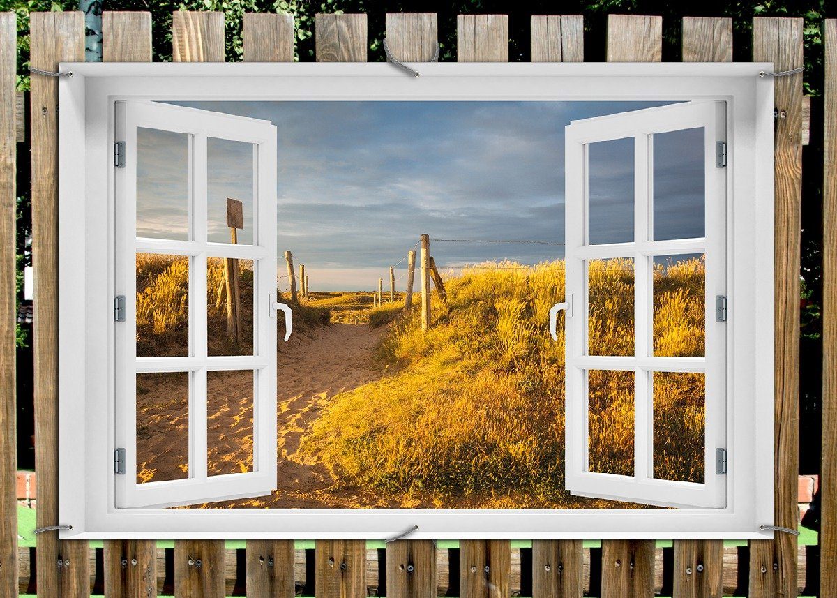 Thumbnail - Wallario Sichtschutzzaunmatten Düne am Strand bei Sonnenuntergang in Frankreich, mit Fenster-Illusion