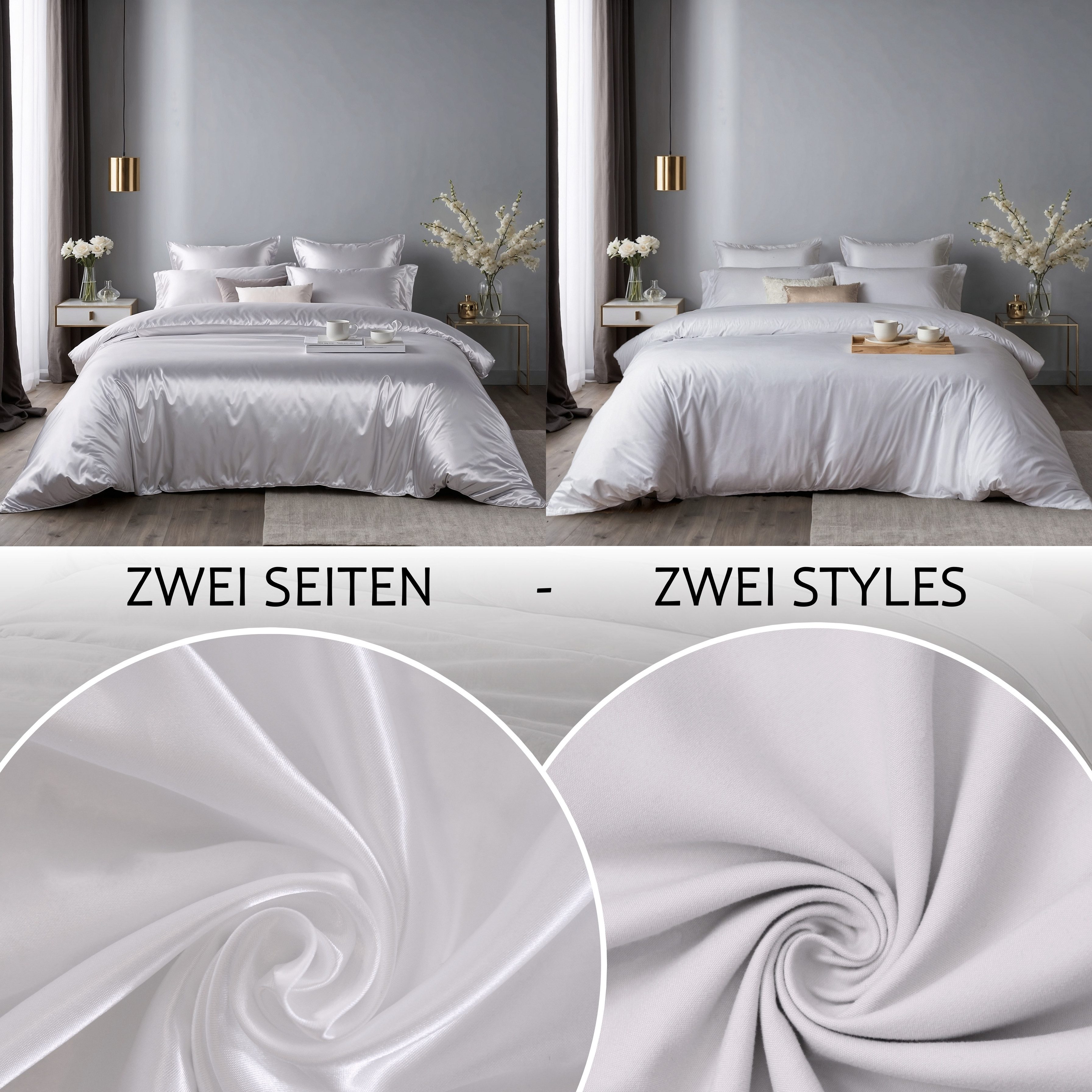 Cozyor Wendebettwäsche Satin glänzend matt 135x200, 155x200, 155x220, 200x200 cm extra weich, Satin & Mikrofaser, 3 teilig, Edel und hochwertig