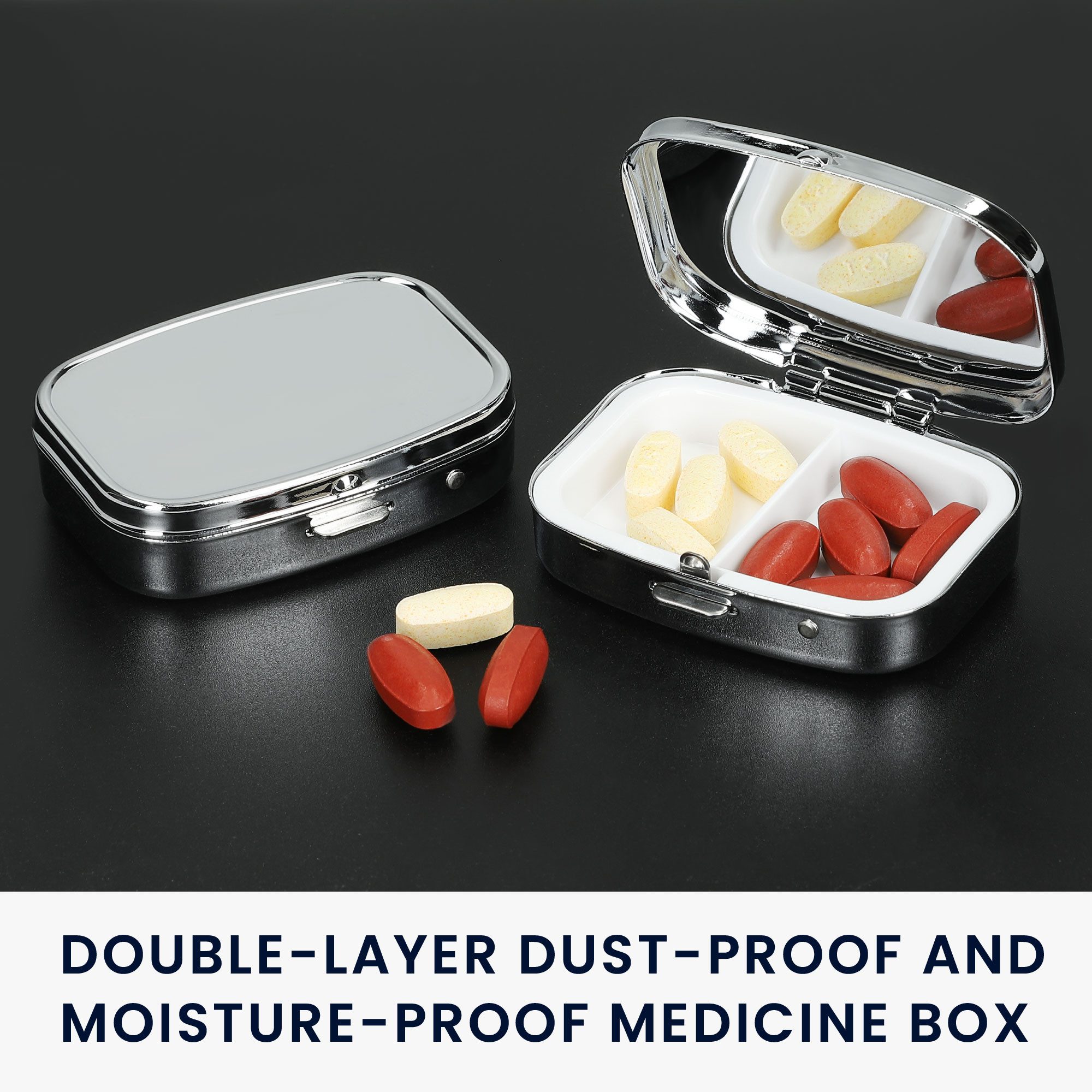 kwmobile Pillendose 2x Edelstahl Tablettenbox mit 2 Fächern - 5,5 x 4 x 1,5cm (2 St), Pillendose klein Tablettendose Tragbare Pillenbox Medikamentenbox Dose
