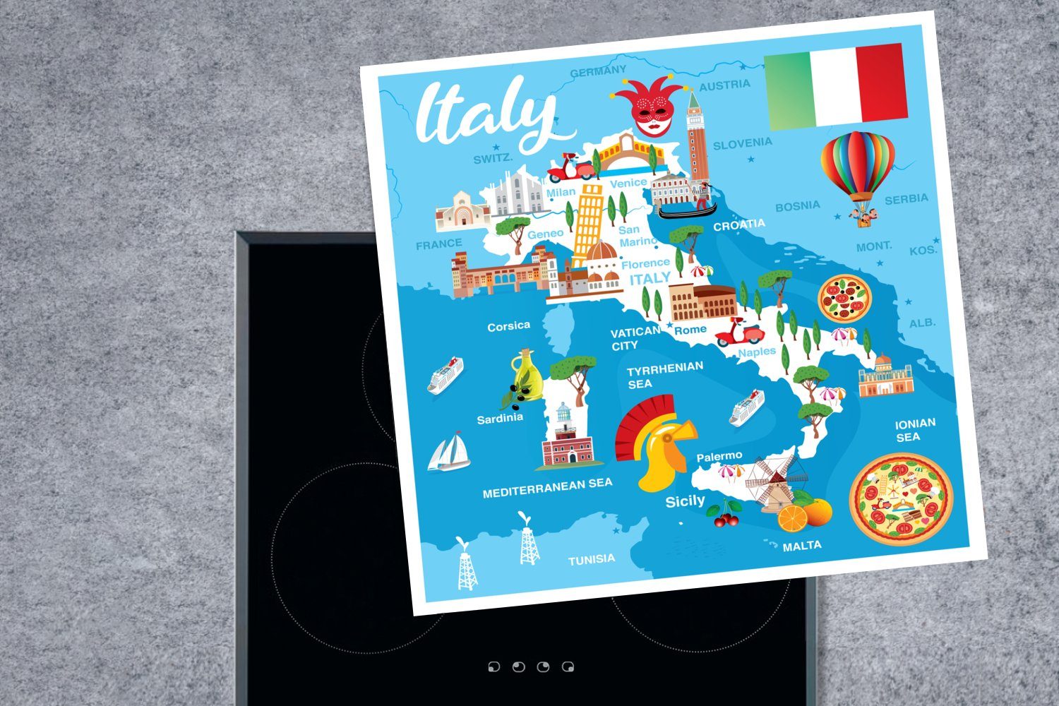 Illustration, tlg), cm, Karte küche - Italien (1 - Arbeitsplatte Herdblende-/Abdeckplatte 78x78 für Vinyl, MuchoWow Ceranfeldabdeckung,