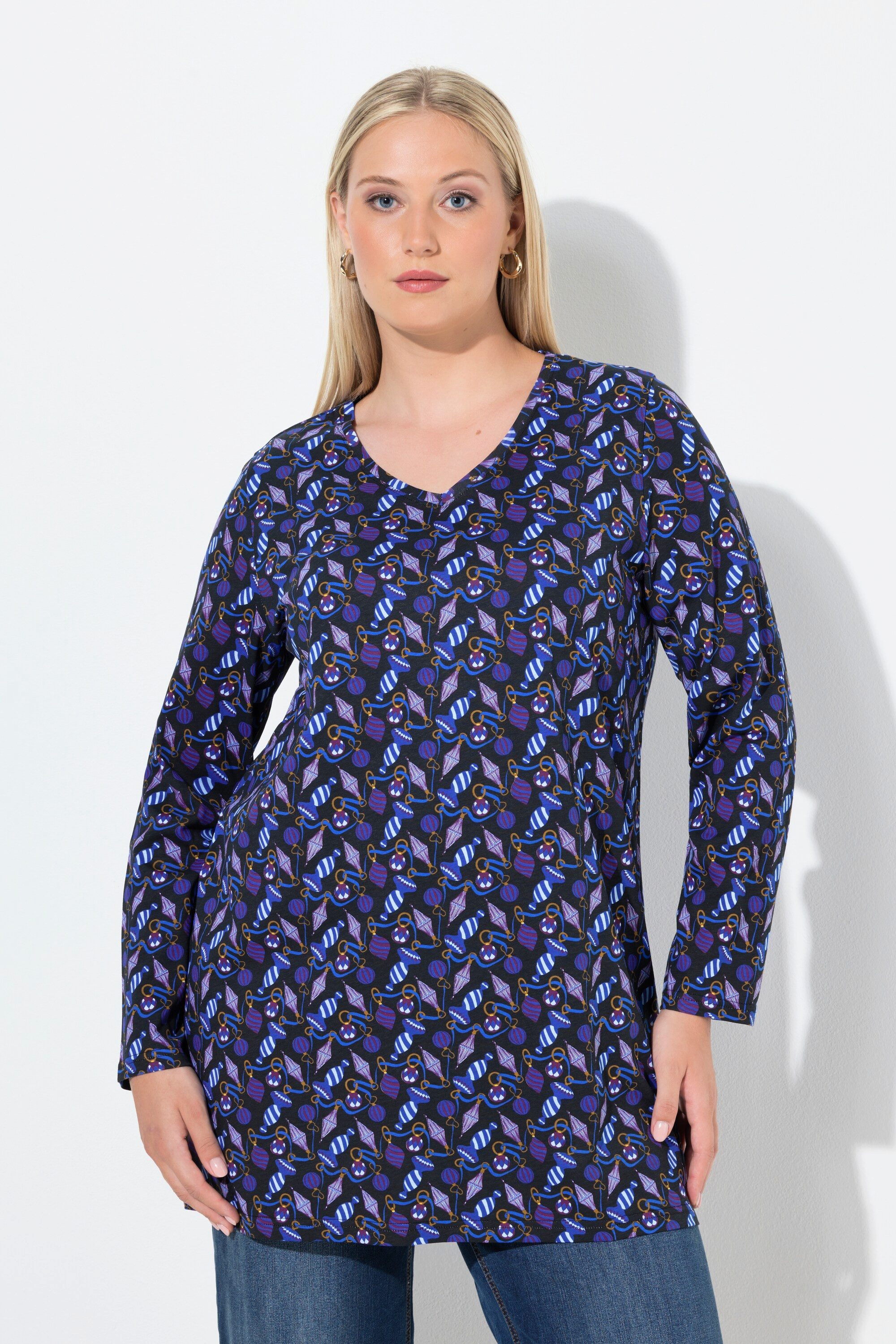 Ulla Popken Longsleeve Shirt A-Linie Baumschmuck V-Ausschnitt Langarm günstig online kaufen