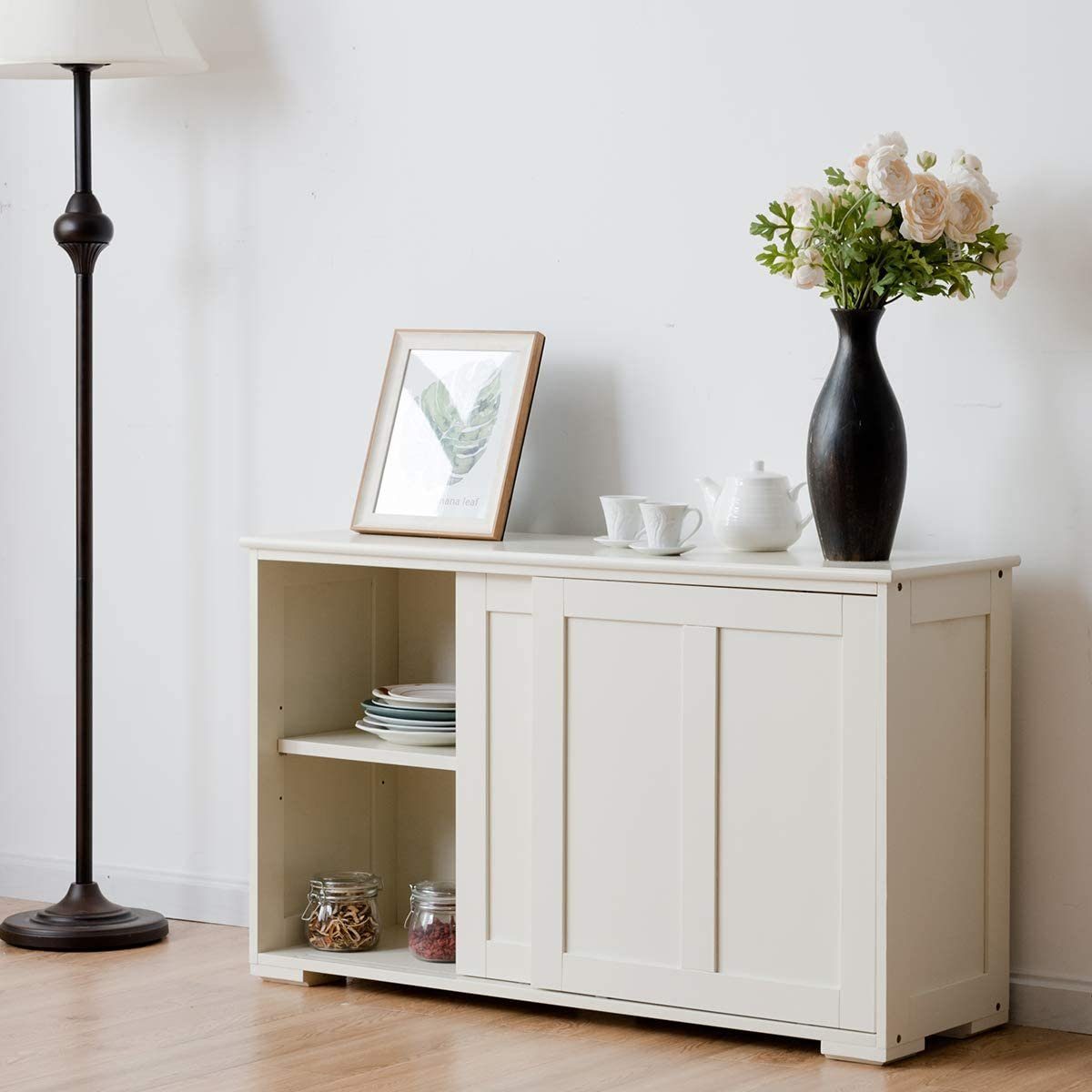 COSTWAY Sideboard, mit höhenverstellbarer Ablage,mit Glas Schiebetüren