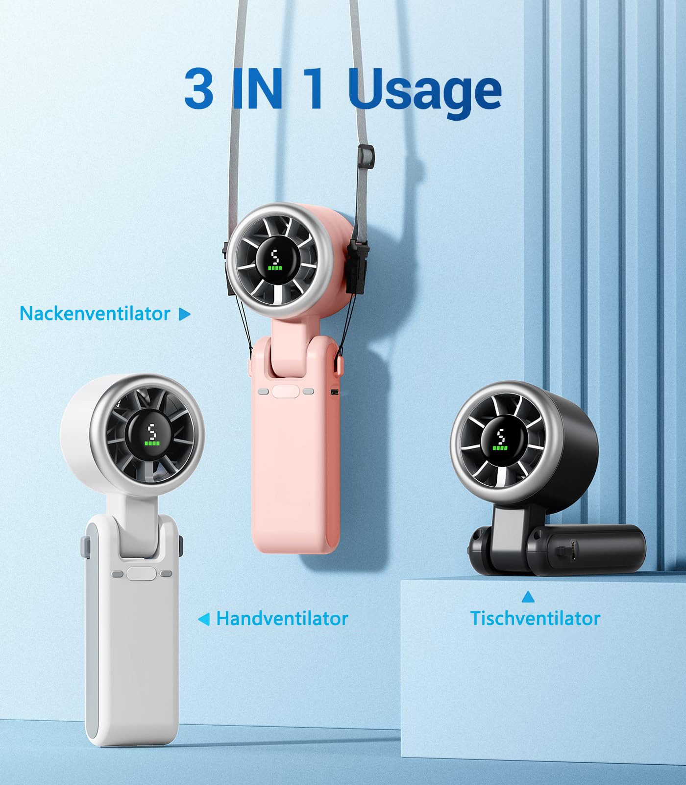 Minicloss Handventilator Tragbarer Turbo Handventilator, 5-stufiger Wind, USB-C&Trageschlaufe, 3-in-1 Hand-, Hals- & Tischventilator, für Reisen, Büro & Outdoor – Bild 4 von 5
