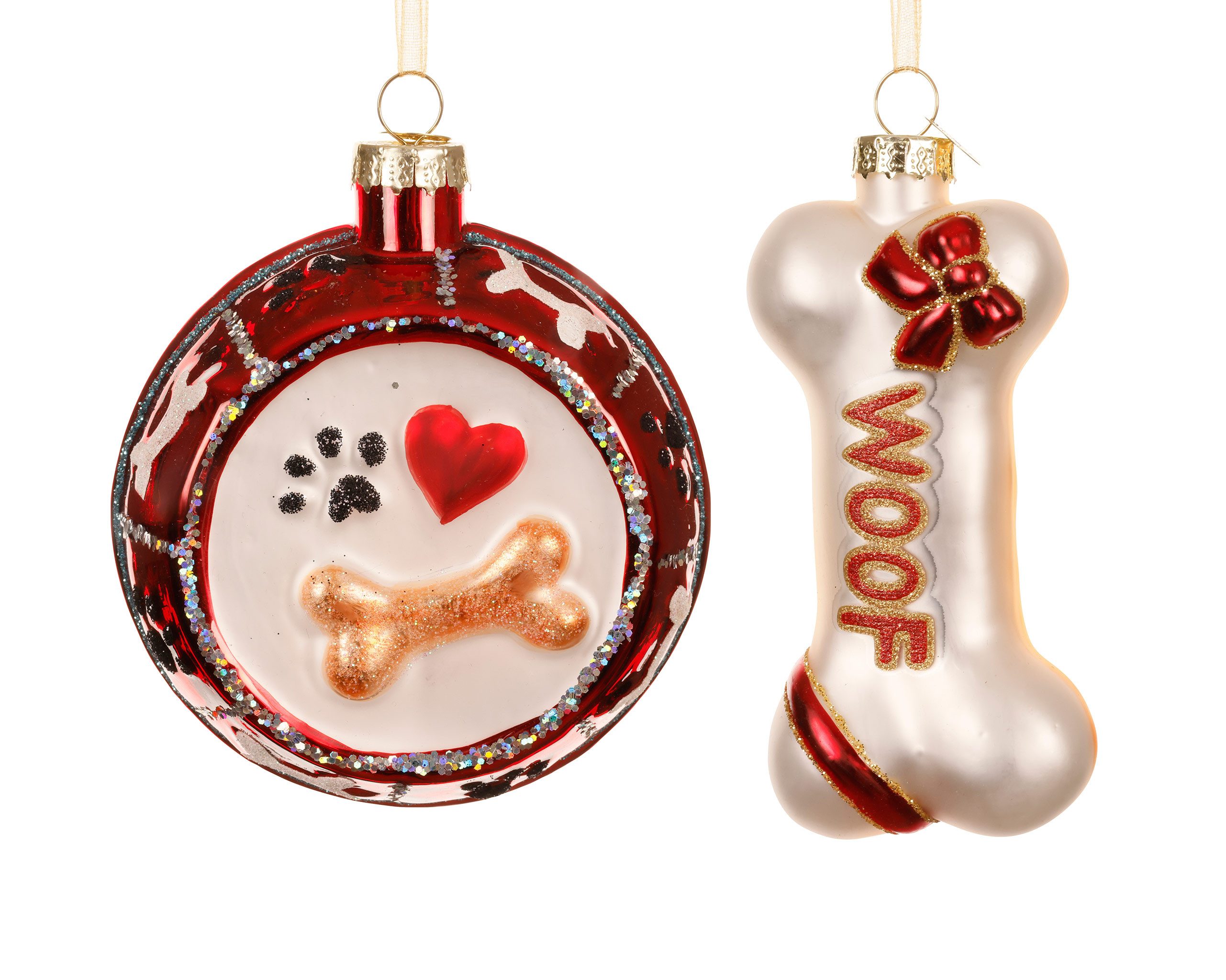 Kaemingk Christbaumschmuck, Christbaumschmuck Glas 11cm Hunde Napf & Knochen Figuren 2er Set Rot