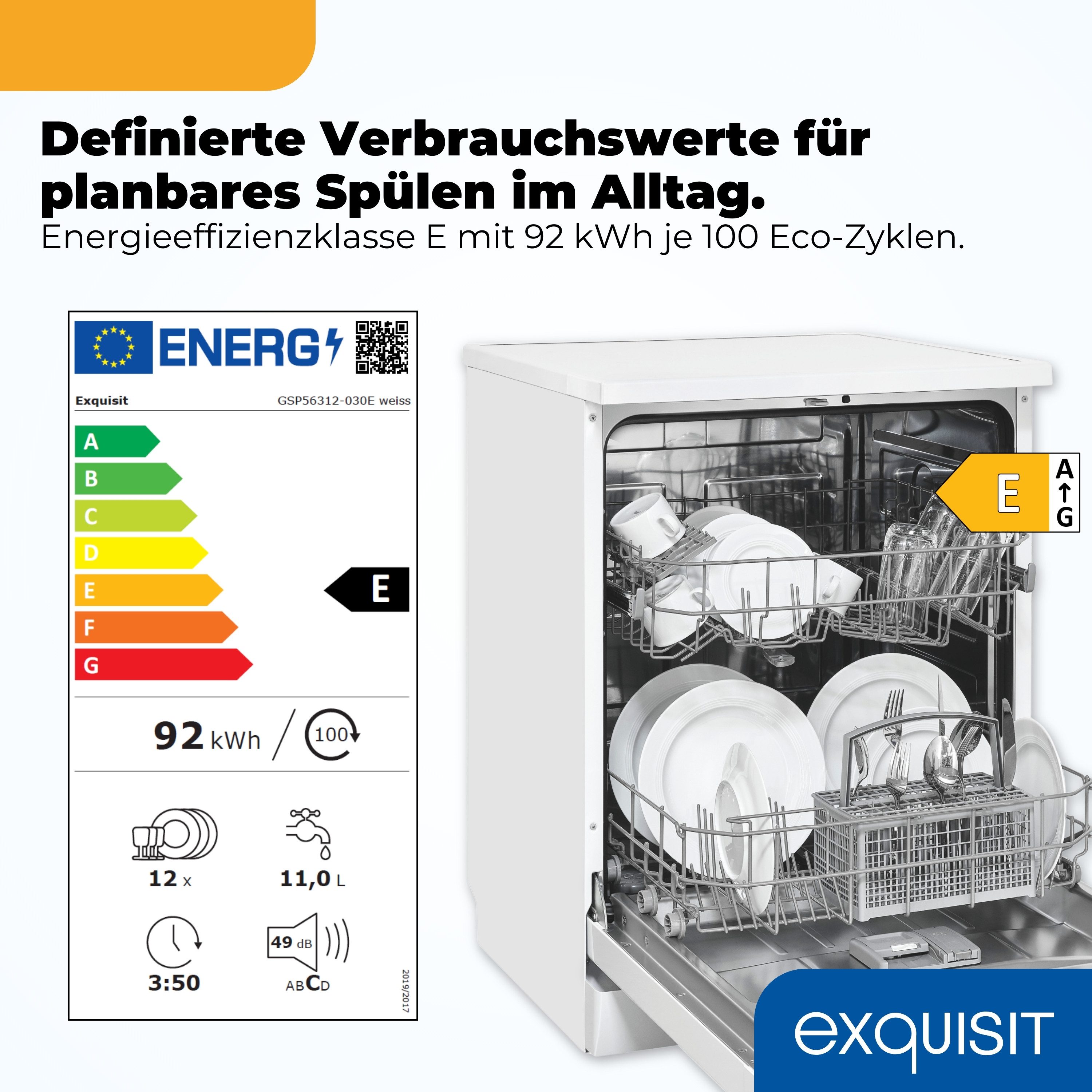 exquisit Unterbaugeschirrspüler PLUS GSP56312-030E, 12 Maßgedecke, Startzeitvorwahl