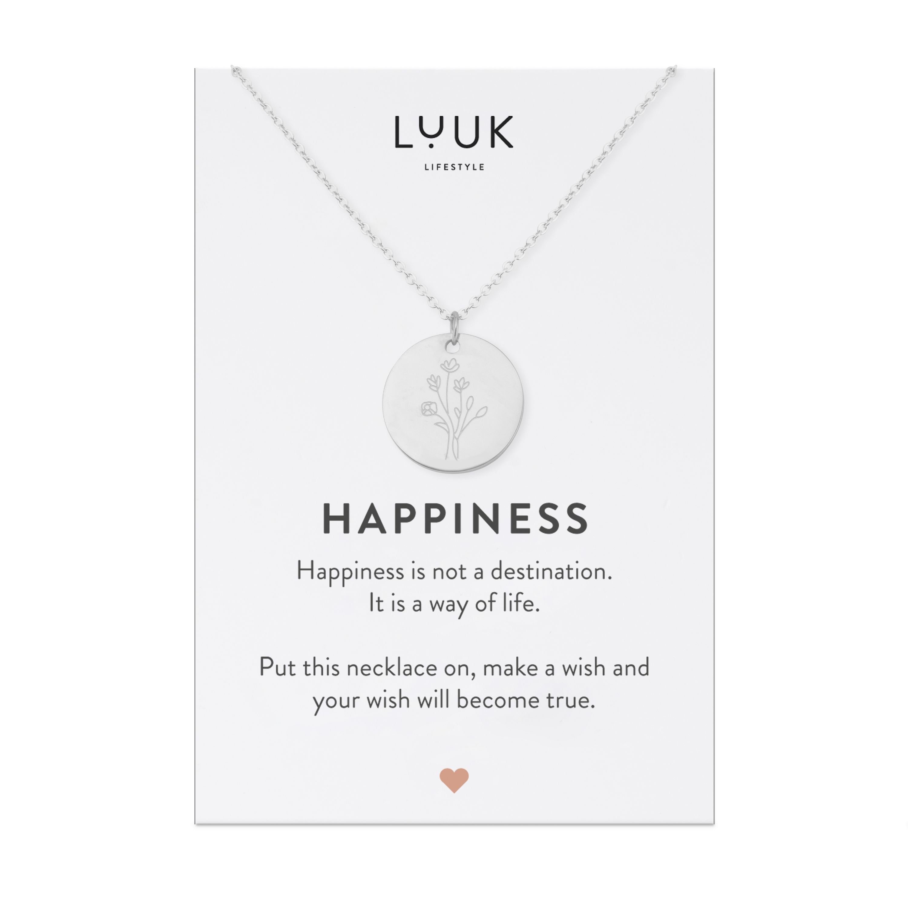 LUUK LIFESTYLE Kette mit Anhänger Blume, HAPPINESS Geschenkkarte, hochwertiger Edelstahl Silber