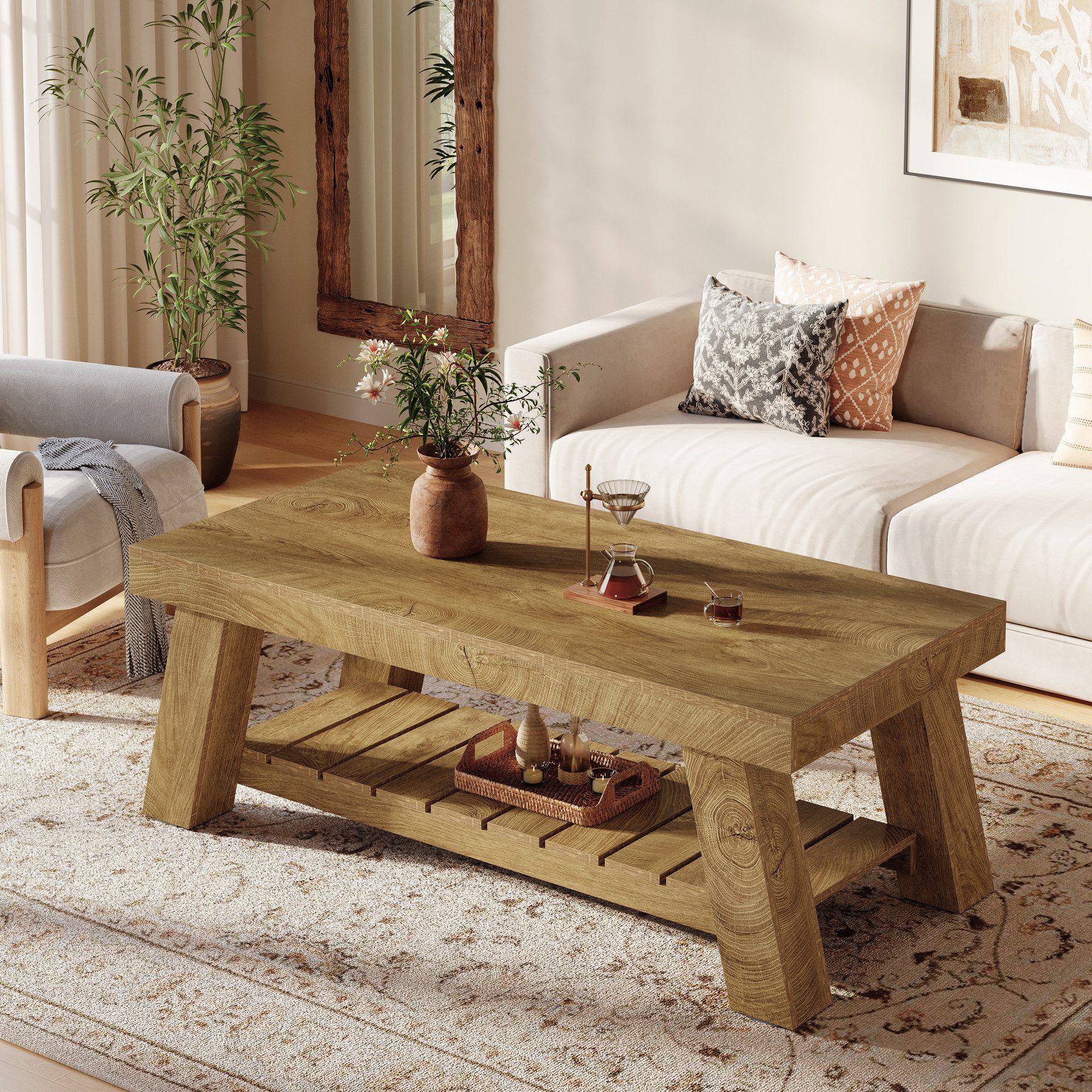 Tribesigns Couchtisch 120 cm Rechteckiger Wohnzimmertisch, Landhaus-Couchtisch mit Stauraum – Bild 5 von 5