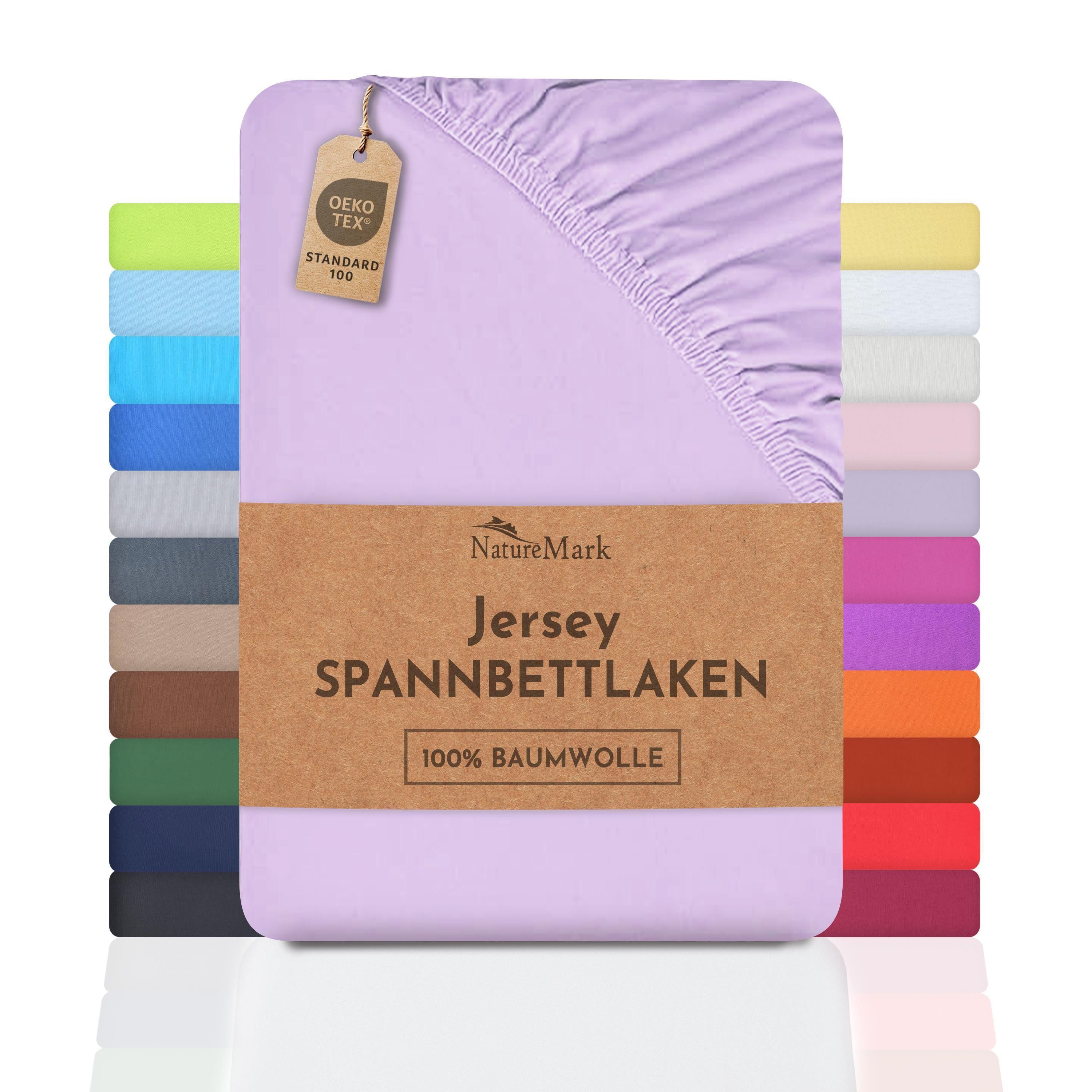 NatureMark Натяжные простыни Jersey Basic Spannbetttuch, 100% Baumwolle, Gummizug: rundum, (1 Stück), in vielen Größen und Farben, bis 25cm Steghöhe, 140x200cm, Flieder