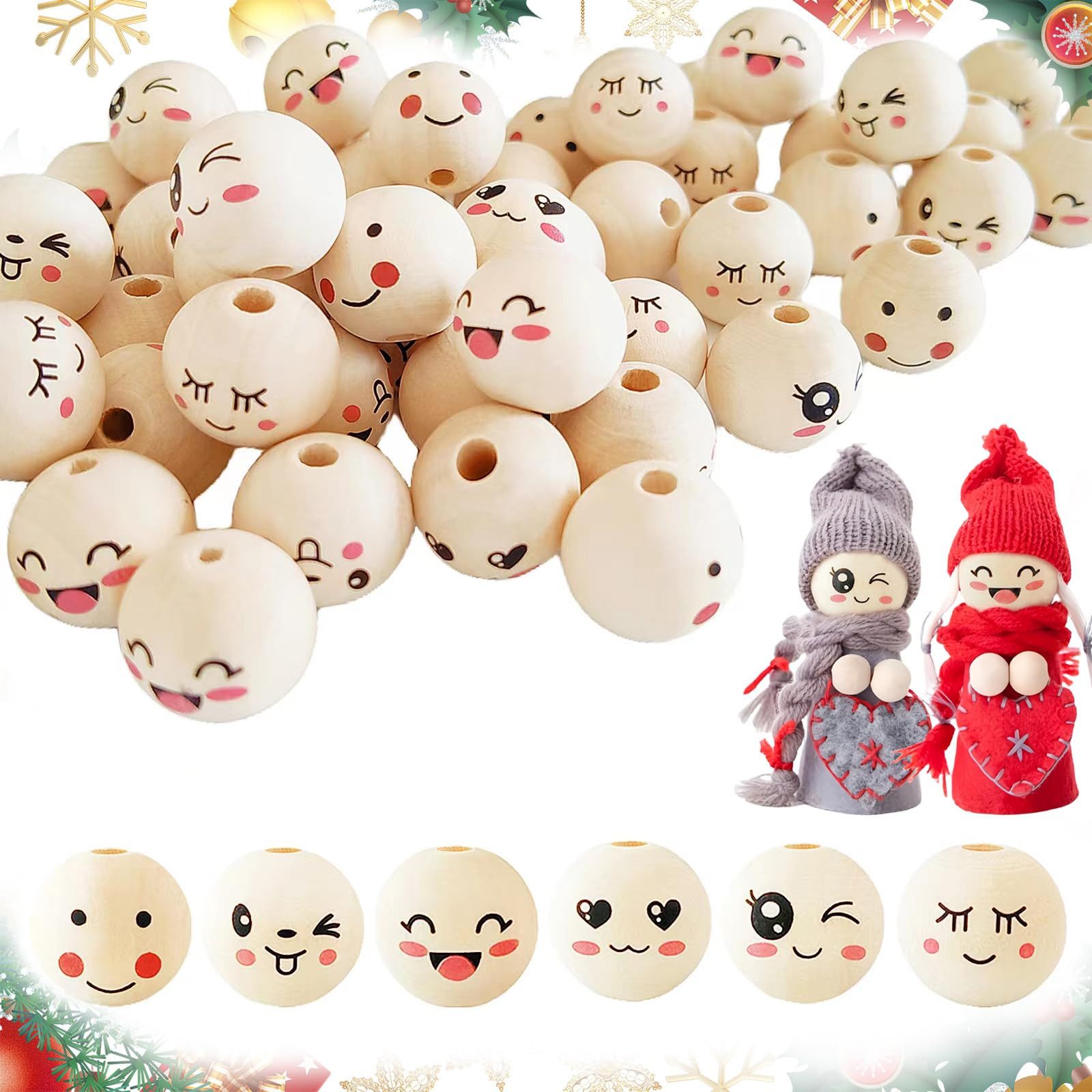 Bundviel Dekofigur 100 Stück Holzperlen mit rundem Gesicht zum Basteln 20mm Größe Basteln