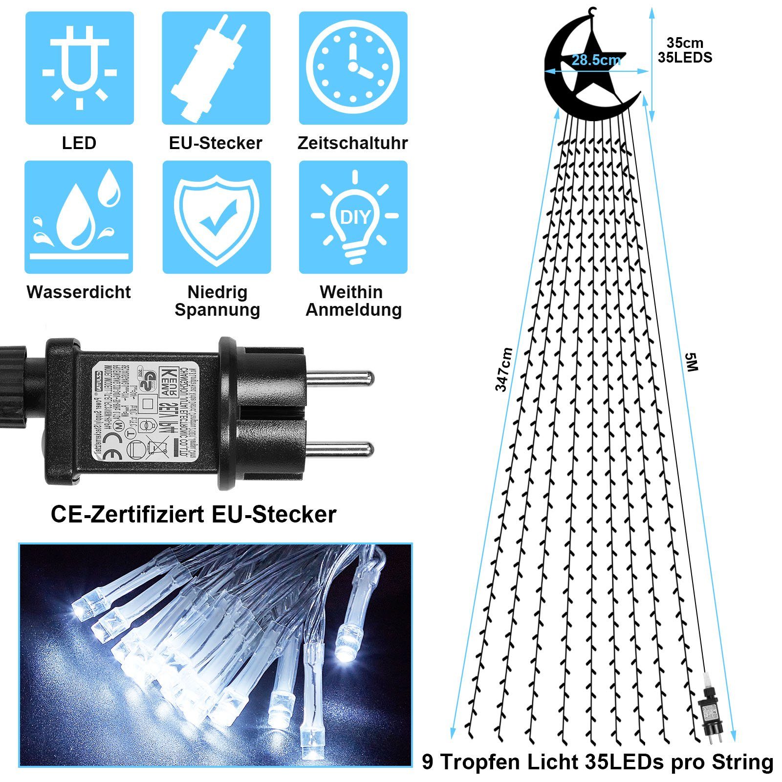 Moon Lichterkette Wasserdicht LED Laybasic Christbaumbeleuchtung,8-Modi,Timer,IP44 LEDs, LED-Lichterkette Weihnachtsbaum 350-flammig, Star,350 mit Weiß Topper