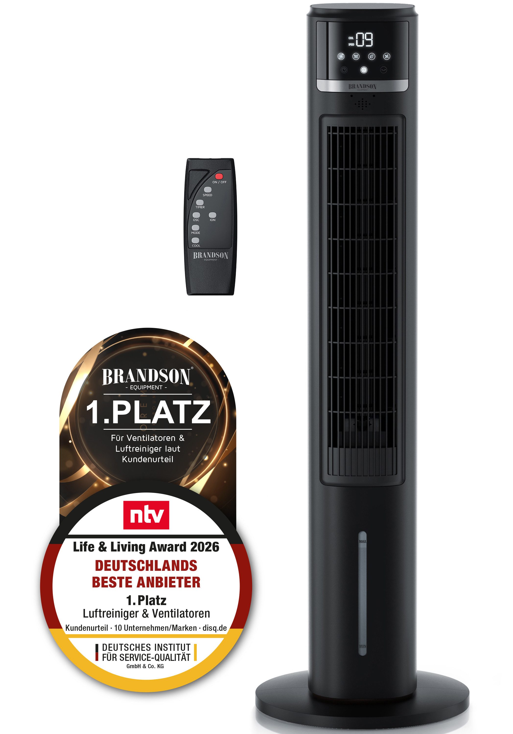 Brandson Ventilatorkombigerät Mobiler Luftkühler, 3,2L Wassertank, Fernbedienung, NTV Sieger 2026, Luftbefeuchter, Verdunstungskühler 9 Stufen, Oszillation, Ion-Funktion