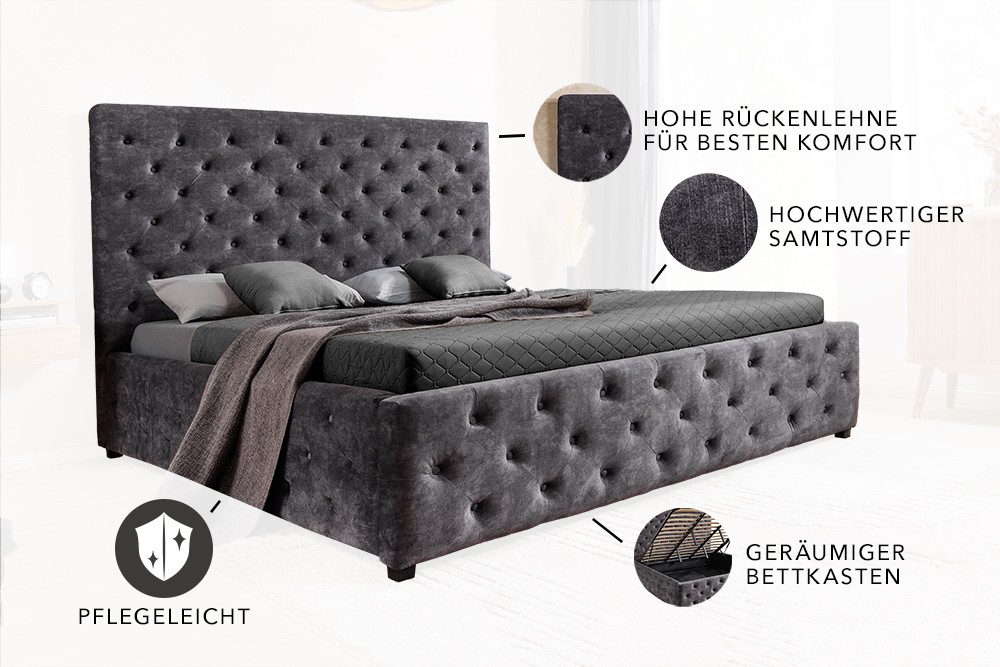 riess-ambiente Boxbett PARIS 180x200cm grau · Kingsize-Bett mit Stauraum aus Samt (Einzelartikel, 1-St), Chesterfield-Design · inkl. Lattenrost und Bettkasten – Bild 4 von 5