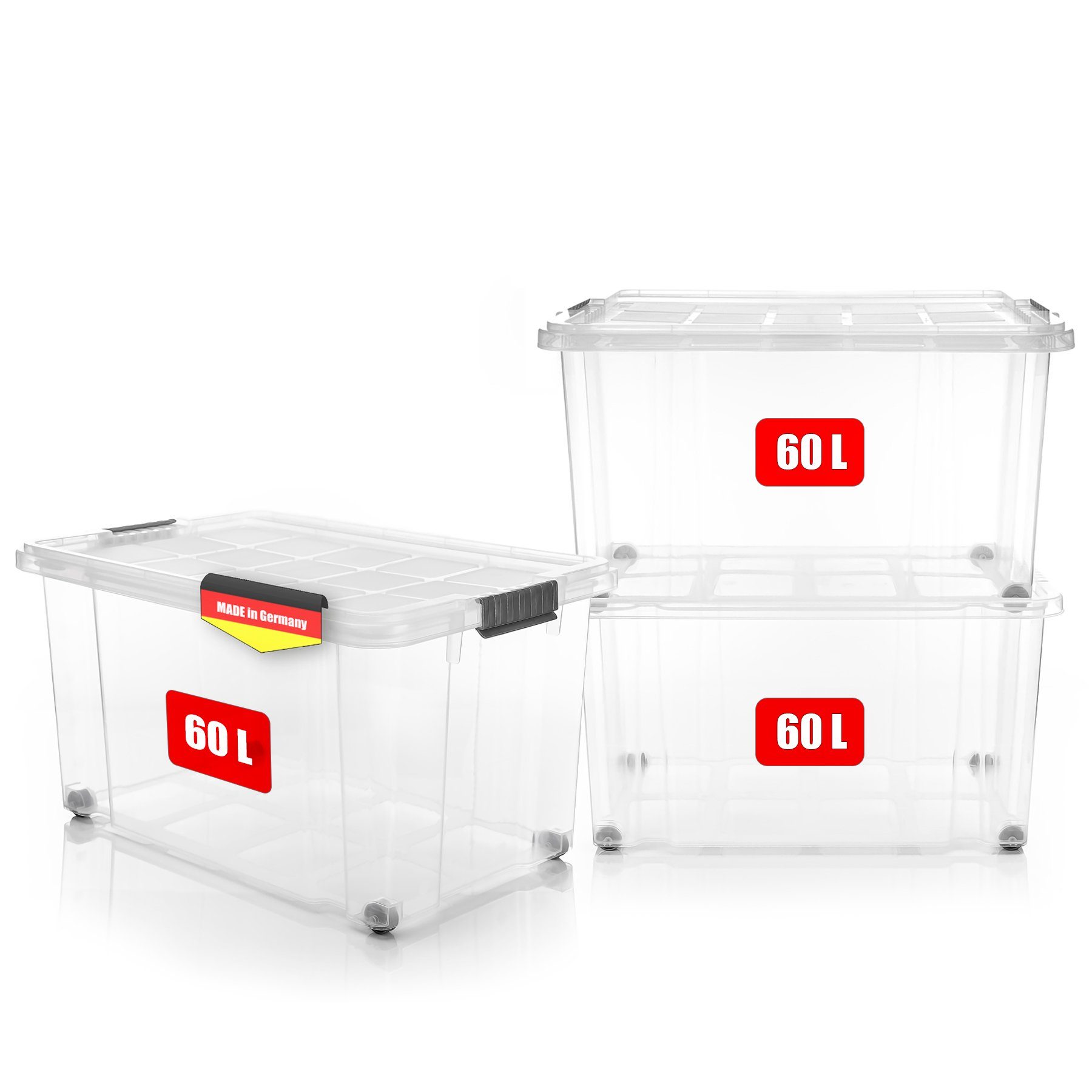 BigDean Aufbewahrungsbox 60 L mit Deckel groß – robuste Stapelbox rollbar mit Klickverschlüssen (Set, 3 St., Aufbewahrungsbox + Deckel + Rollen), Sicher Stapelbar, Platzsparend, Transparent, Rollen, Klickverschlüsse