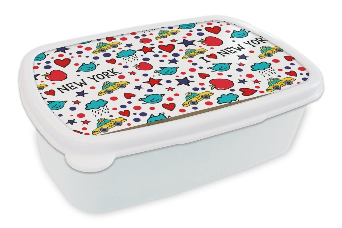 MuchoWow Lunchbox New York - Wolken - Sterne, Kunststoff, (2-tlg), Brotbox für Kinder und Erwachsene, Brotdose, für Jungs und Mädchen weiß