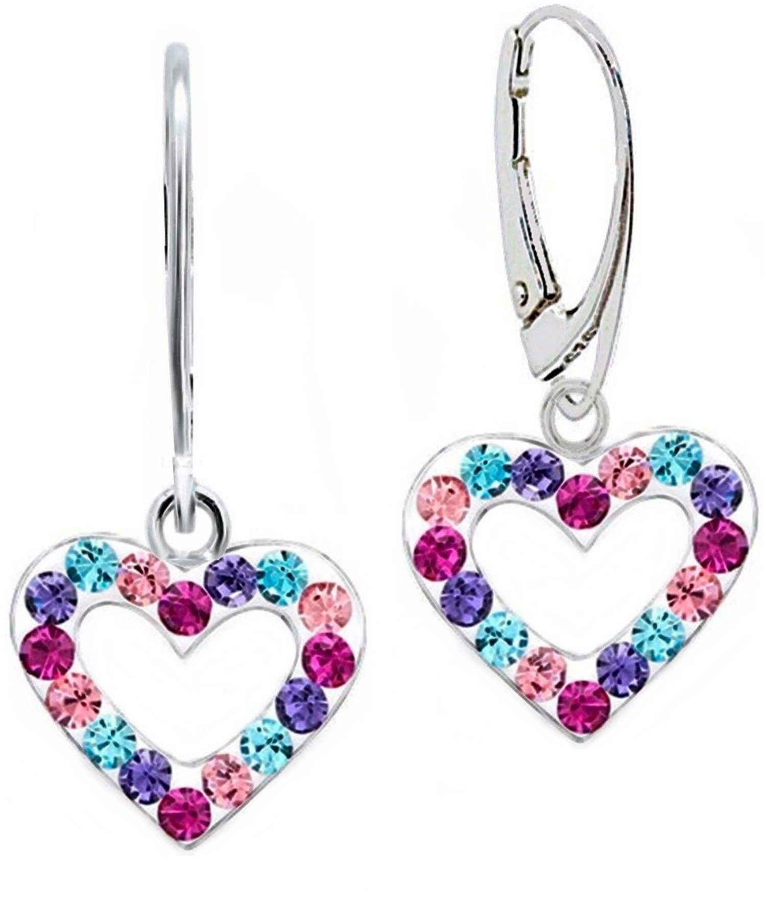 Goldene Hufeisen Paar Ohrhänger Bunte Herz Ohrringe mit funkelnden Kristallen, 04929, 925 Silber (Sterlingsilber), Hypoallergen