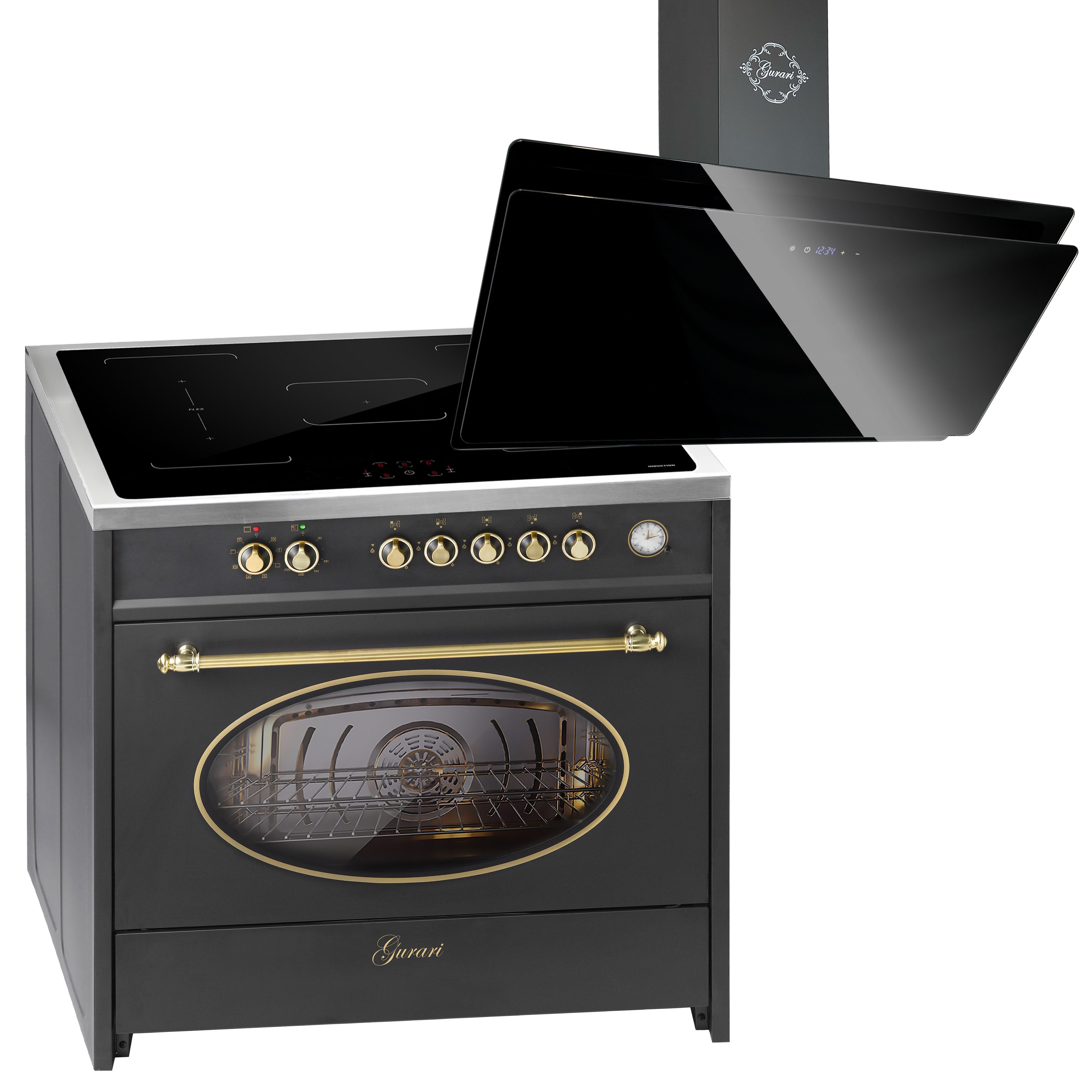 GURARI Induktions Herd-Set Retro Range Cooker 90 cm, 5 Zonen, 121L in Schwarz mit Flex Zone Induktionskochfeld+Dunstabzugshaube 90 cm E 913 RU BL+GCH S 411 90 BL PRIME N., mit 1-fach-Teleskopauszug