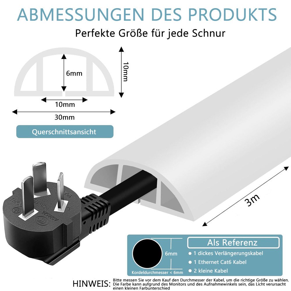 TUWENA Kabelkanal 3m Kabelkanal selbstklebend, Flexiblen Kabelschutz, Boden Kabelbrücke